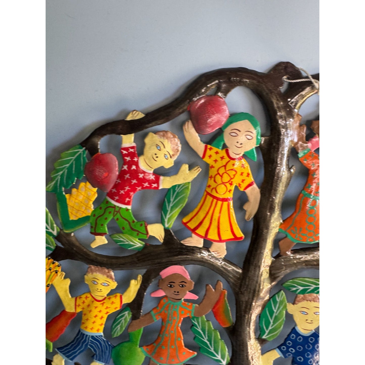 Tree Of Plenty Metal Wall Art With Children & Fruits Hand-Painted Haiti 17"