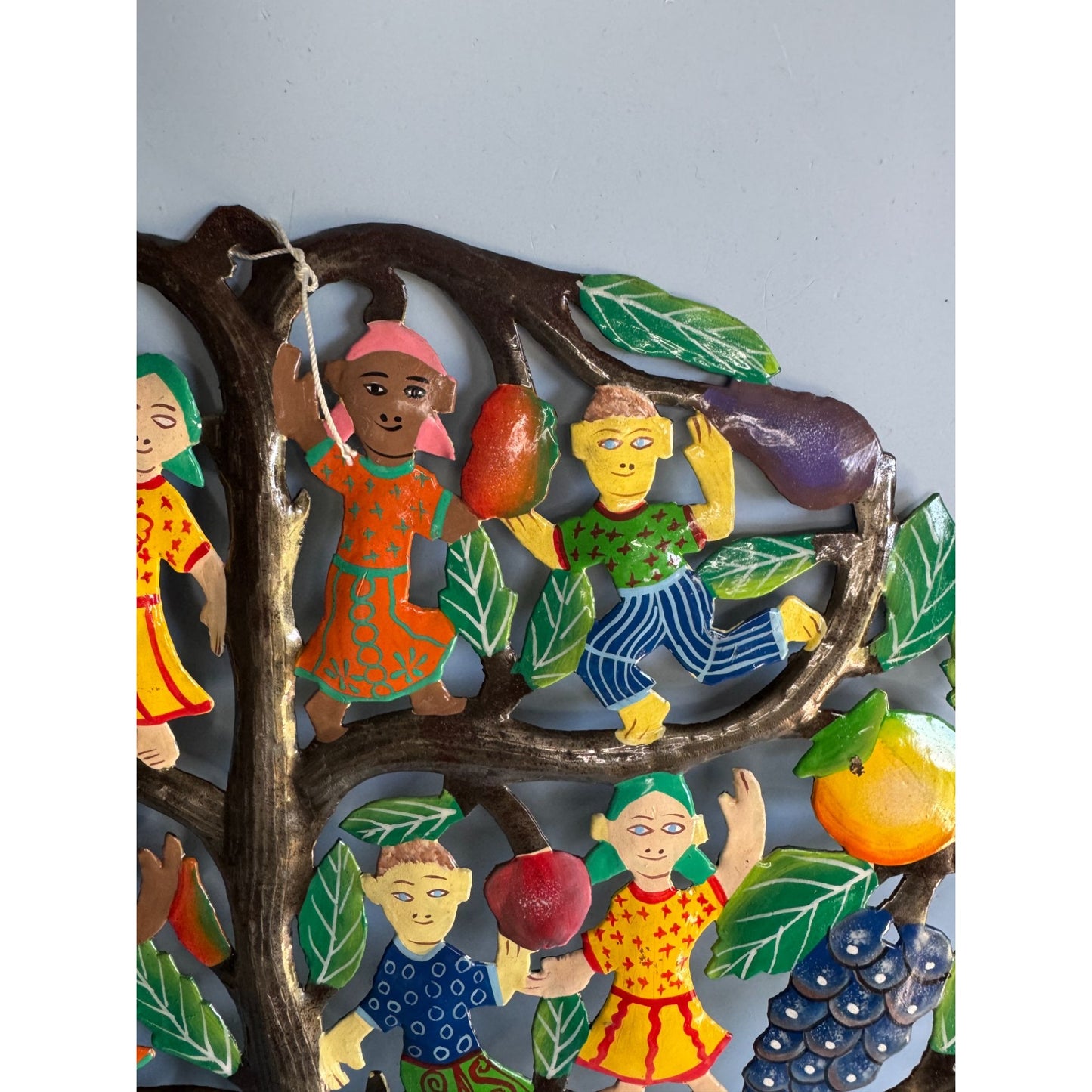 Tree Of Plenty Metal Wall Art With Children & Fruits Hand-Painted Haiti 17"