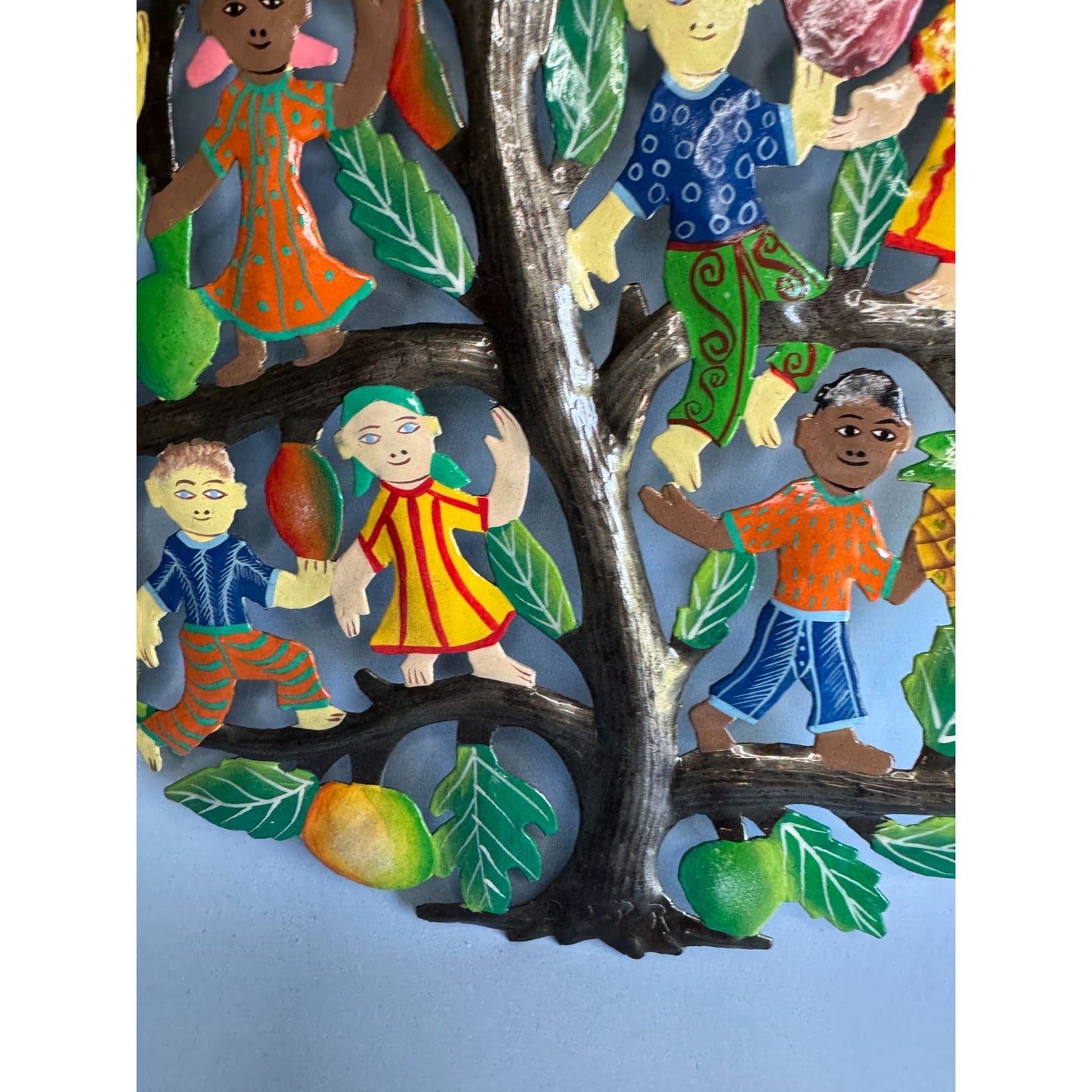 Tree Of Plenty Metal Wall Art With Children & Fruits Hand-Painted Haiti 17"