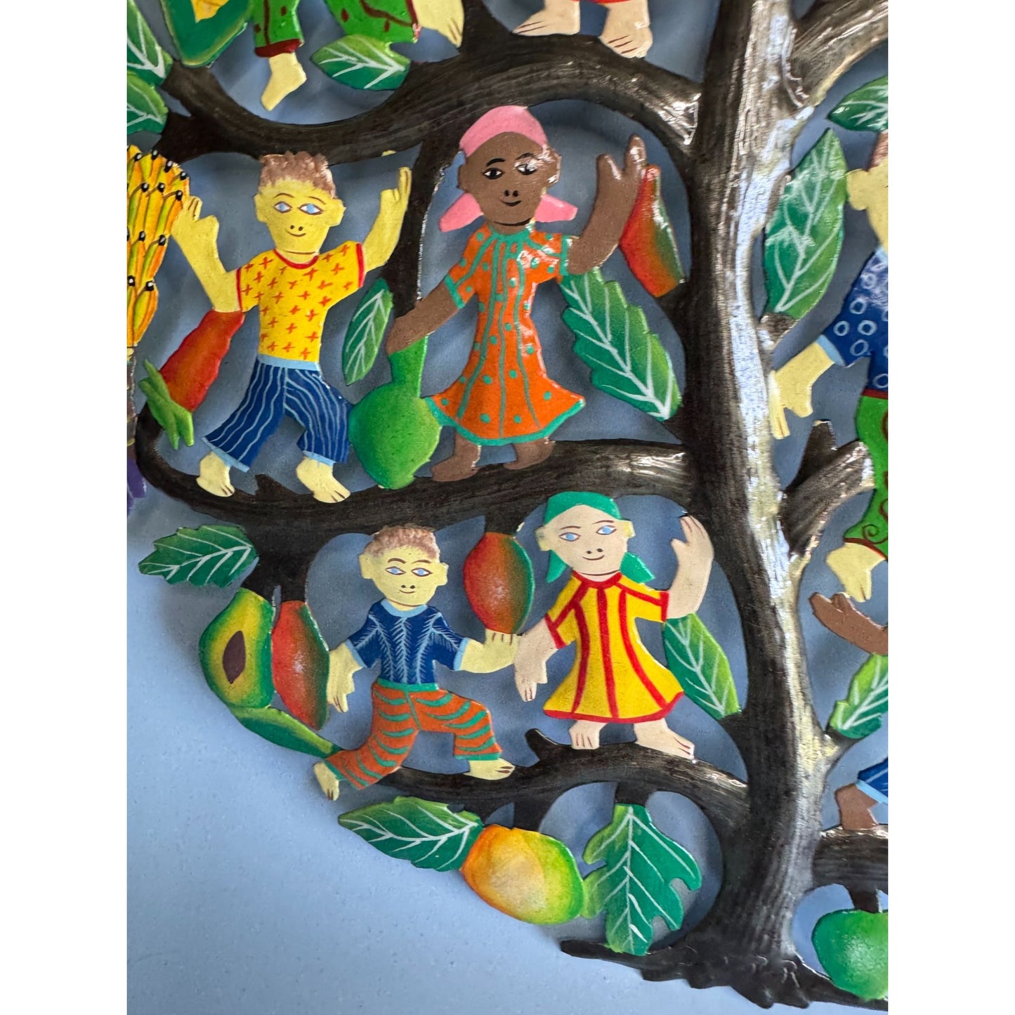 Tree Of Plenty Metal Wall Art With Children & Fruits Hand-Painted Haiti 17"