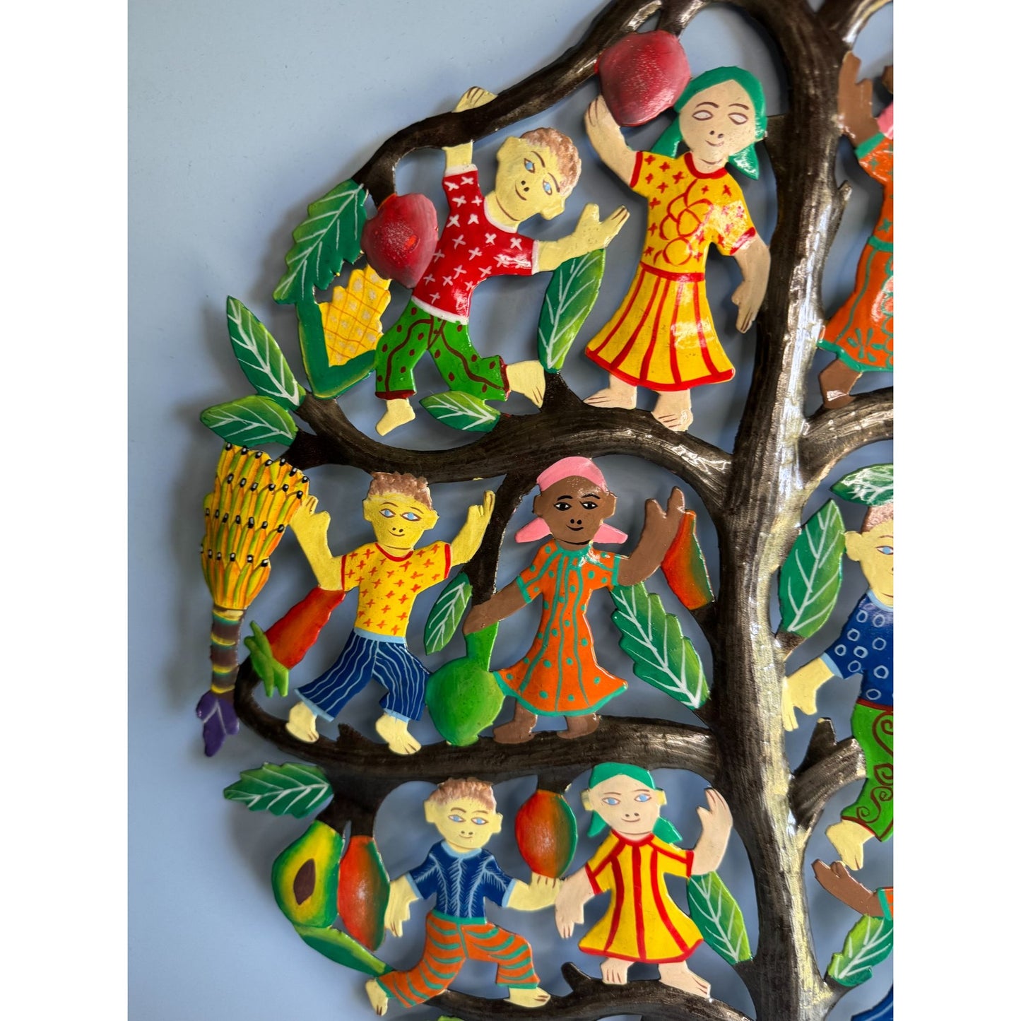 Tree Of Plenty Metal Wall Art With Children & Fruits Hand-Painted Haiti 17"