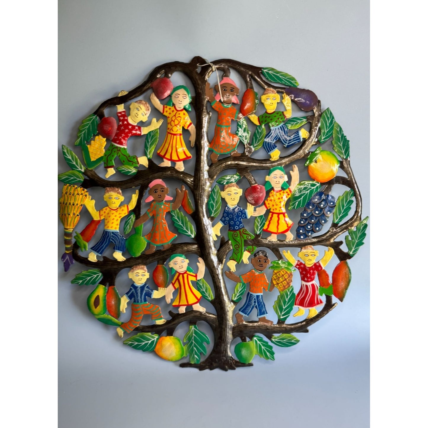 Tree Of Plenty Metal Wall Art With Children & Fruits Hand-Painted Haiti 17"