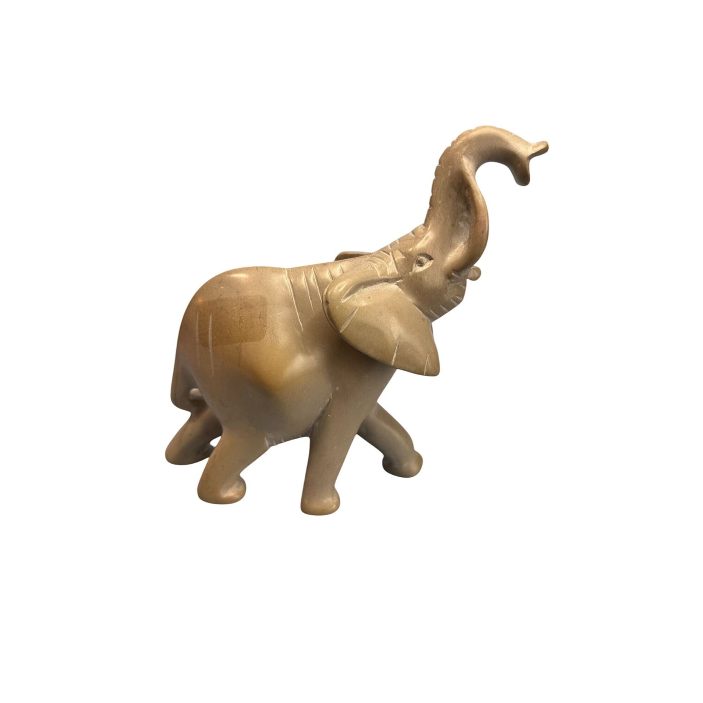 Hand-Carved Stone Lucky Elephant Figurine With Trunk Up Signed