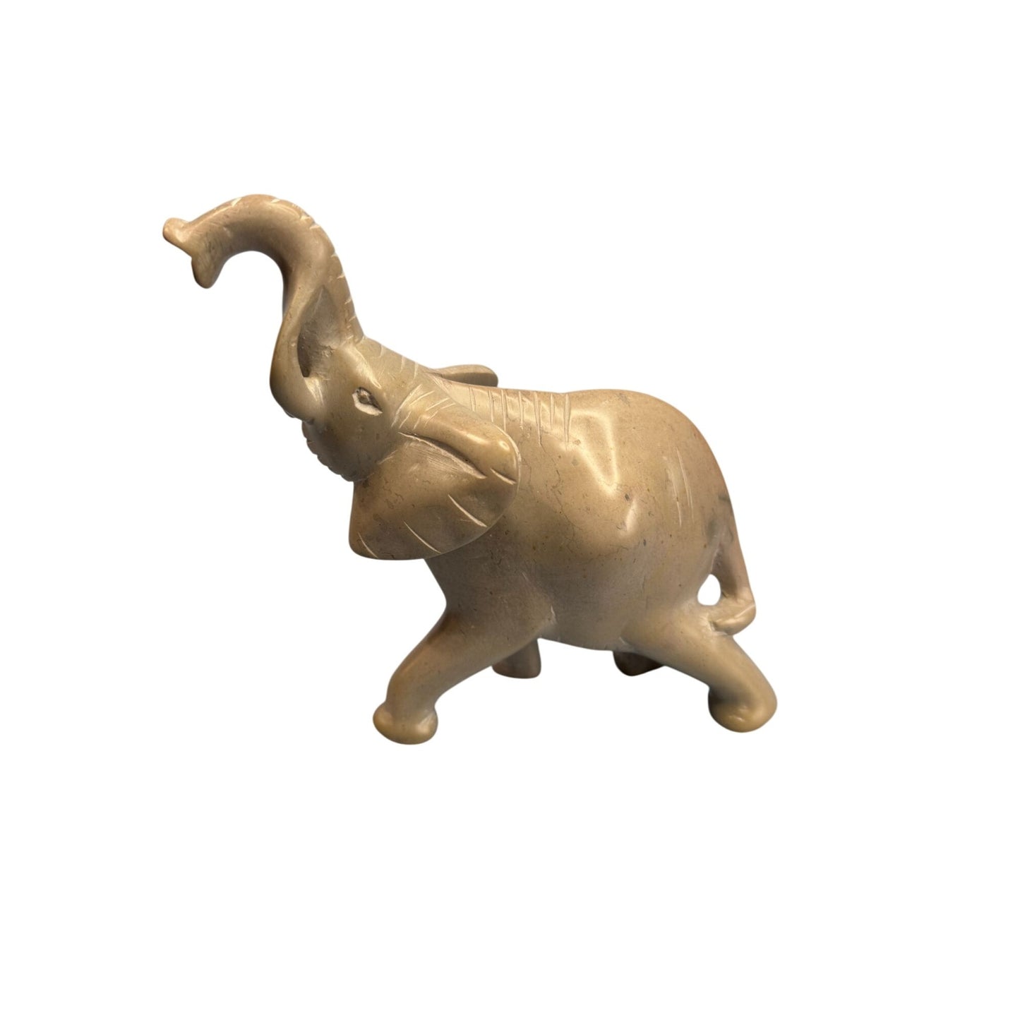 Hand-Carved Stone Lucky Elephant Figurine With Trunk Up Signed