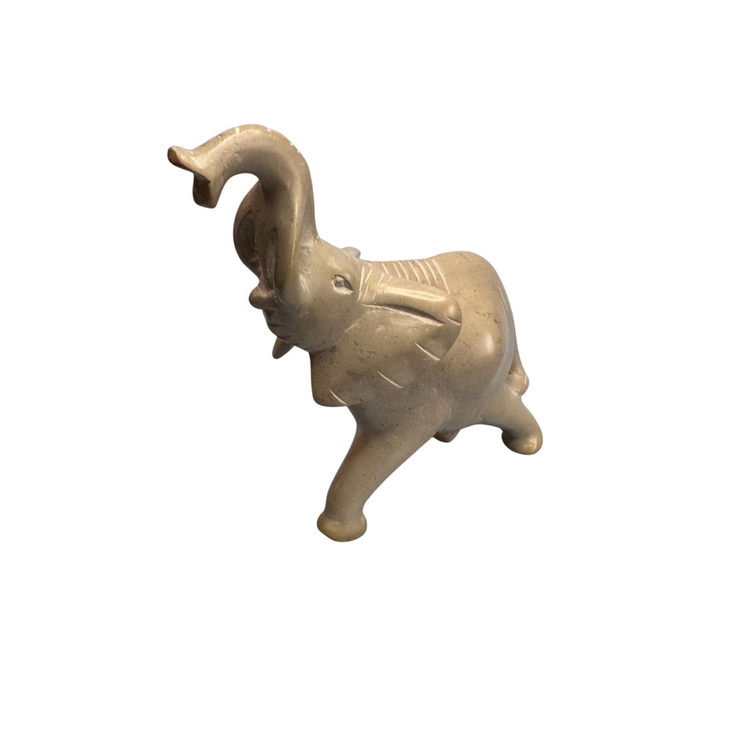 Hand-Carved Stone Lucky Elephant Figurine With Trunk Up Signed