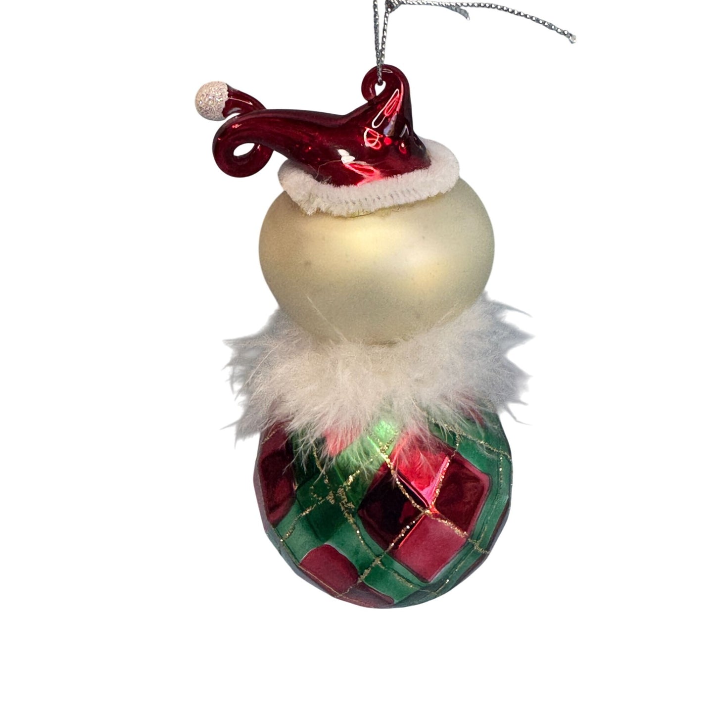 Blown Art Glass Santa Ornament Red Green Pattern Feather Trim 5 Inch