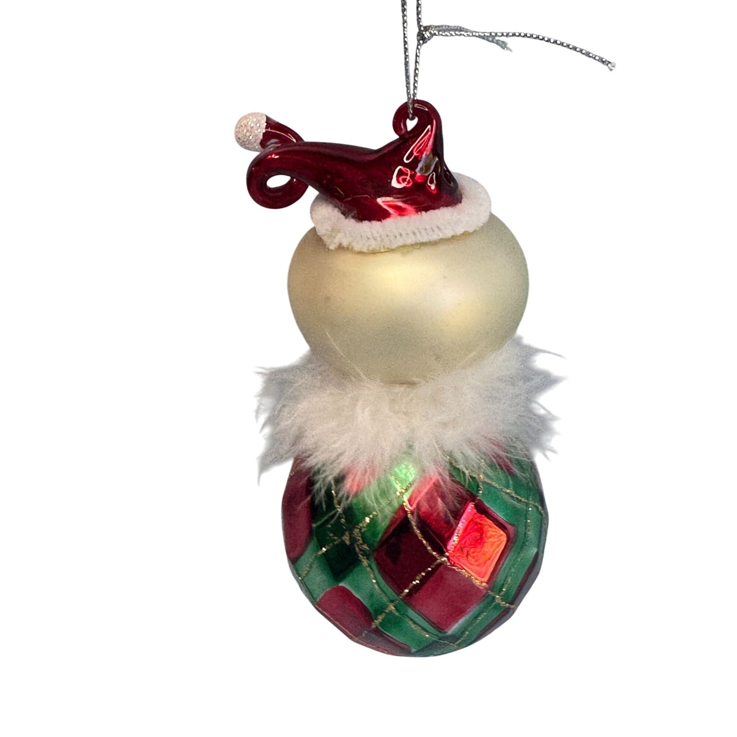 Blown Art Glass Santa Ornament Red Green Pattern Feather Trim 5 Inch