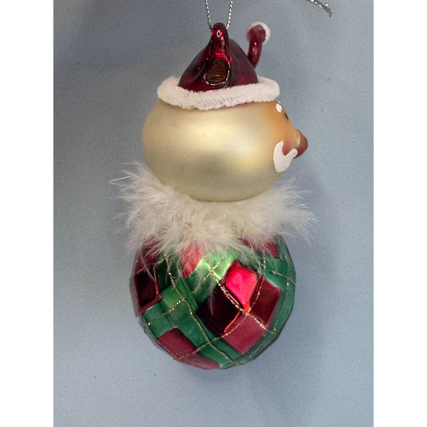 Blown Art Glass Santa Ornament Red Green Pattern Feather Trim 5 Inch