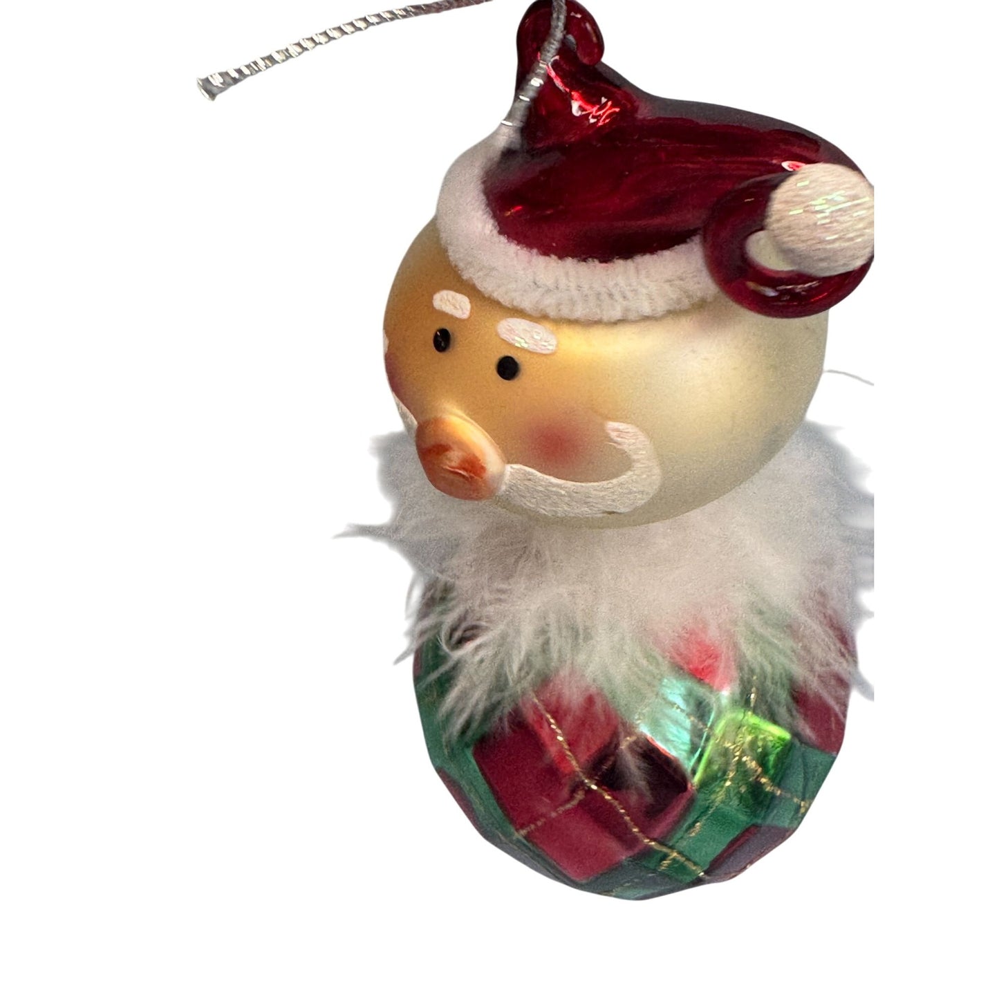 Blown Art Glass Santa Ornament Red Green Pattern Feather Trim 5 Inch