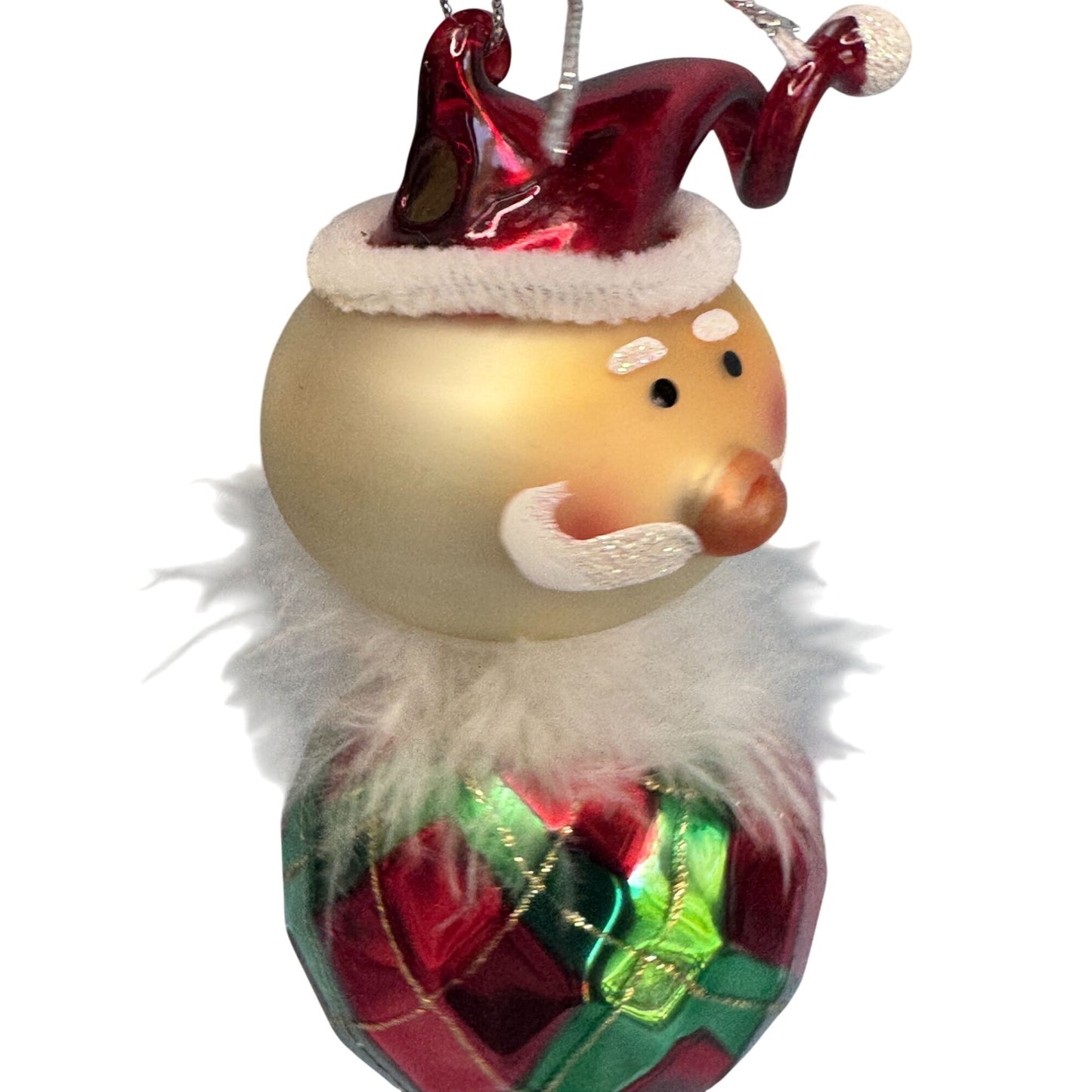 Blown Art Glass Santa Ornament Red Green Pattern Feather Trim 5 Inch
