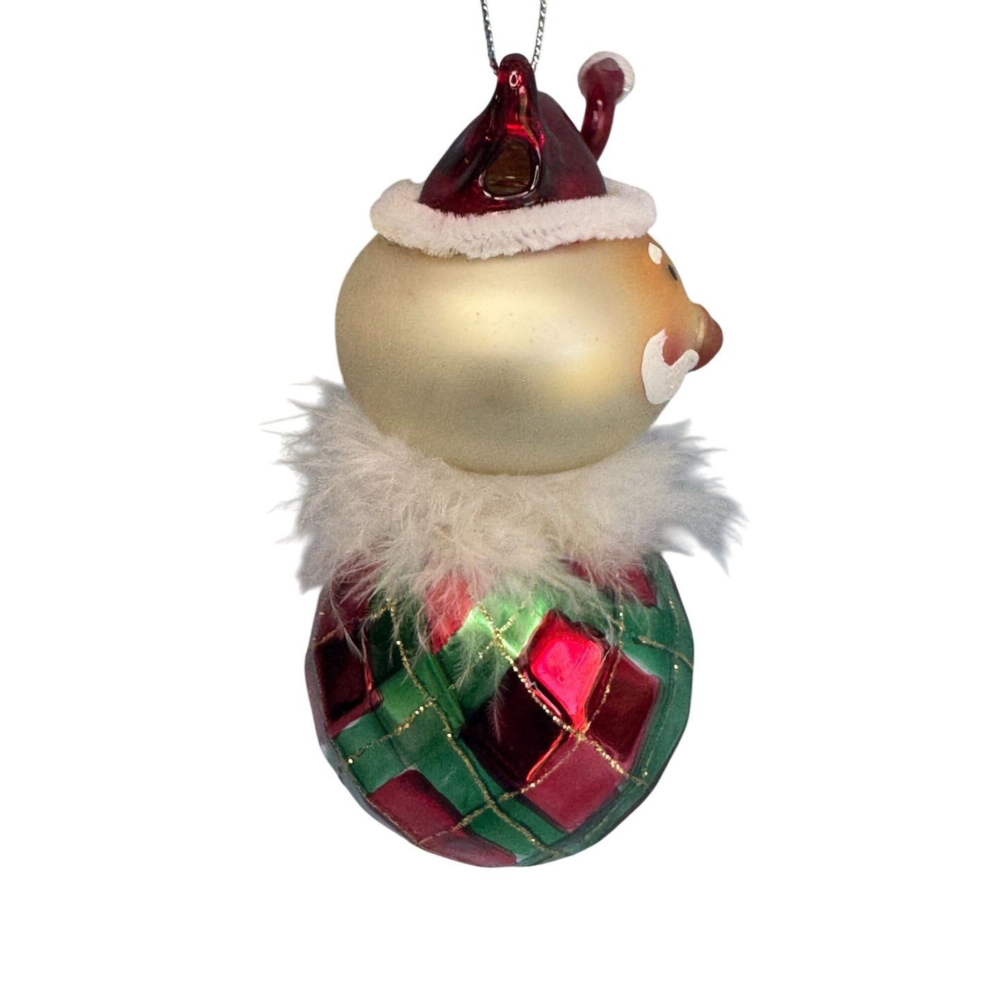 Blown Art Glass Santa Ornament Red Green Pattern Feather Trim 5 Inch