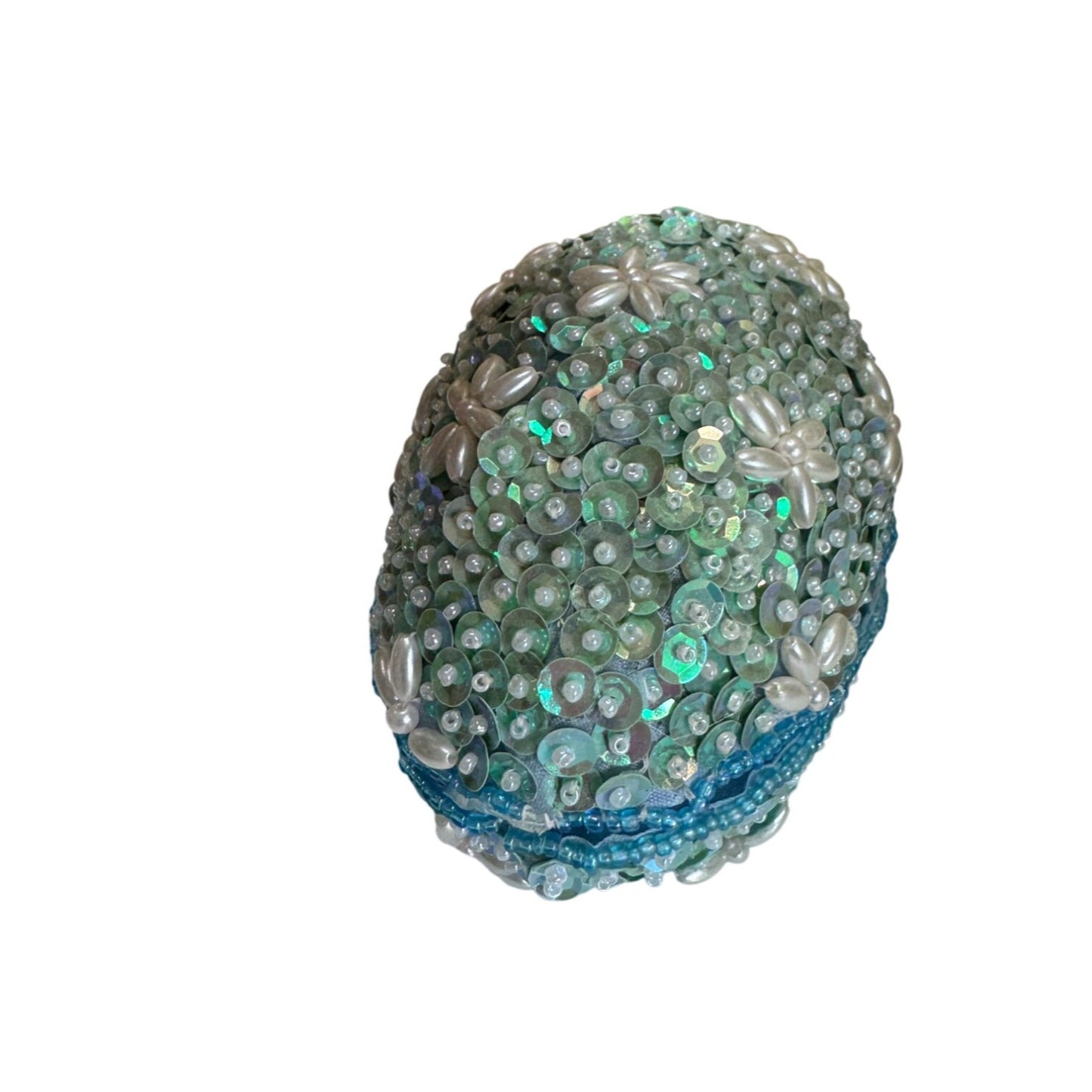 Vintage Beaded Sequin Egg Trinket Box Blue Satin Lined Jeweled 5" x 3 1/2"