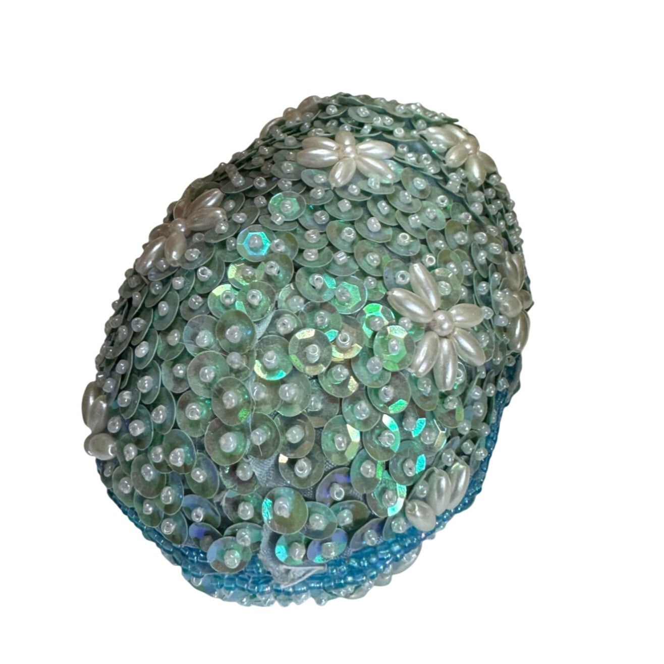 Vintage Beaded Sequin Egg Trinket Box Blue Satin Lined Jeweled 5" x 3 1/2"