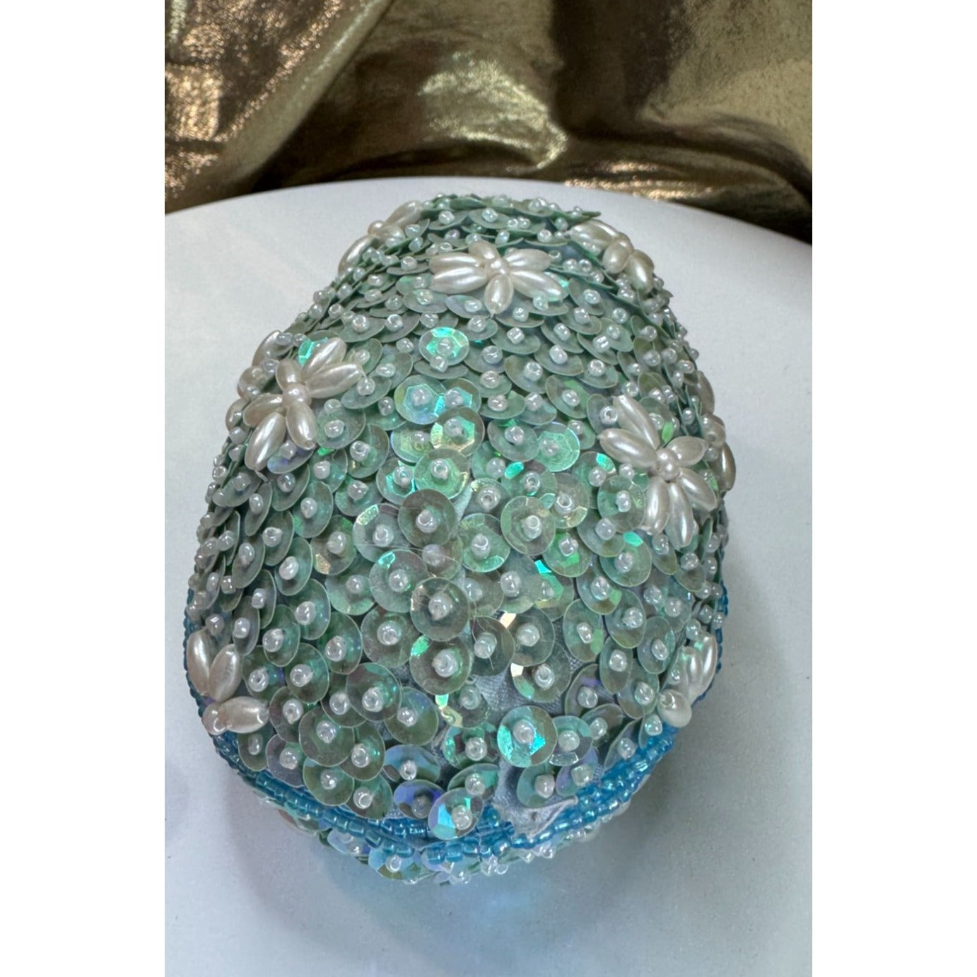 Vintage Beaded Sequin Egg Trinket Box Blue Satin Lined Jeweled 5" x 3 1/2"