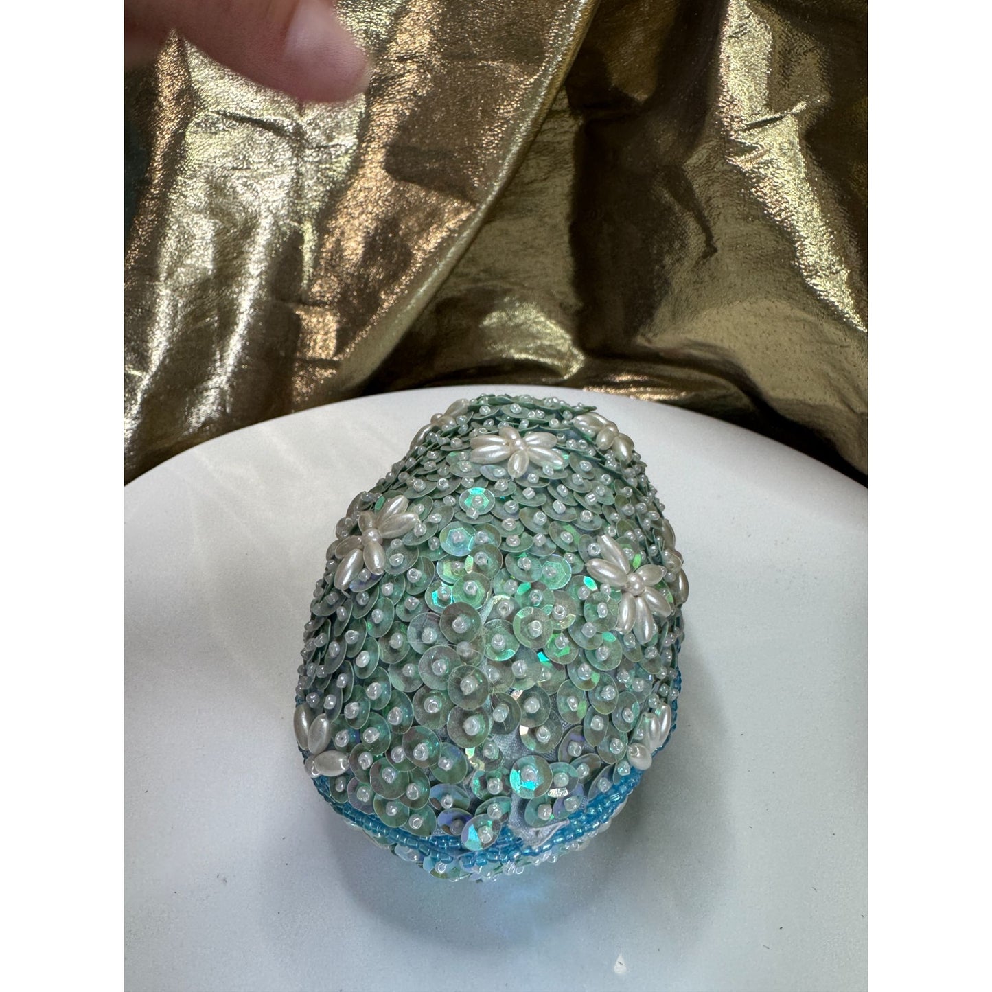 Vintage Beaded Sequin Egg Trinket Box Blue Satin Lined Jeweled 5" x 3 1/2"