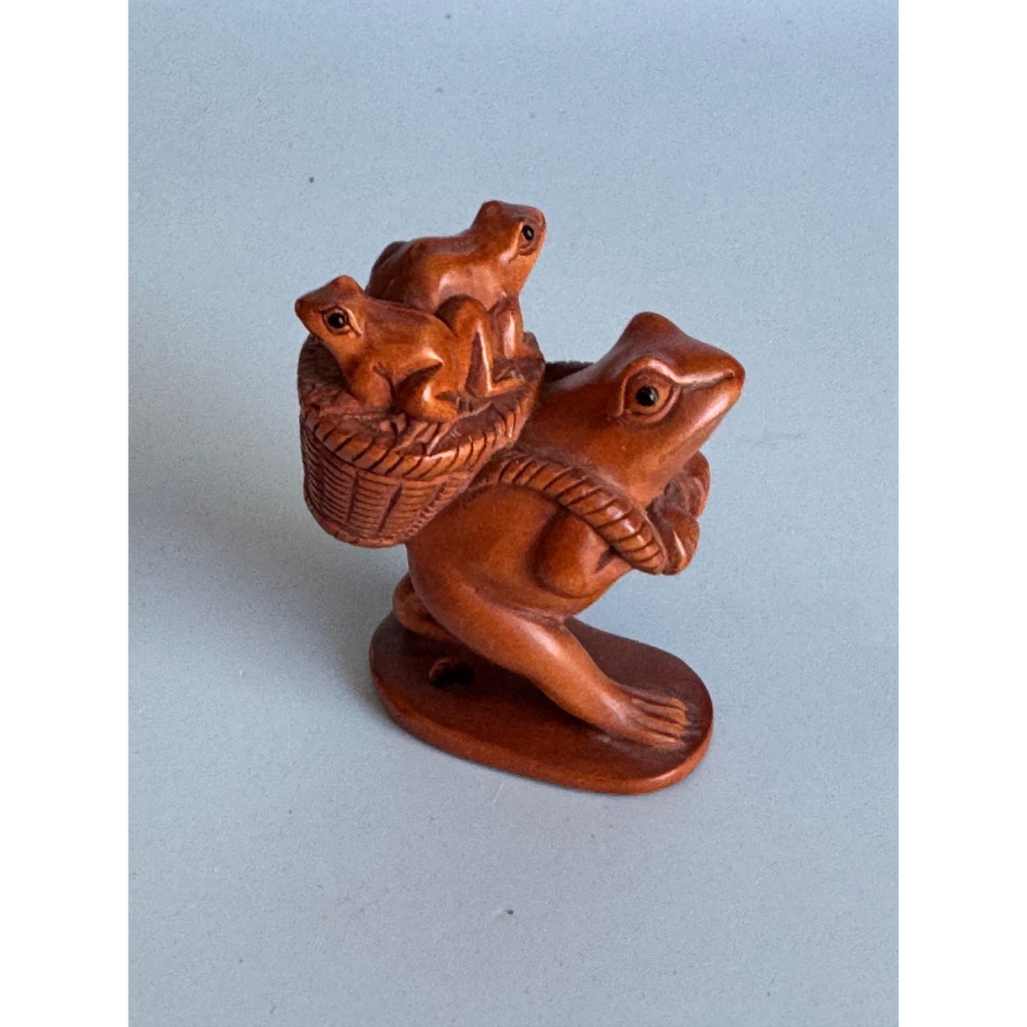 Hand-Carved Boxwood Netsuke Frog Figurine With Basket & Frog Family