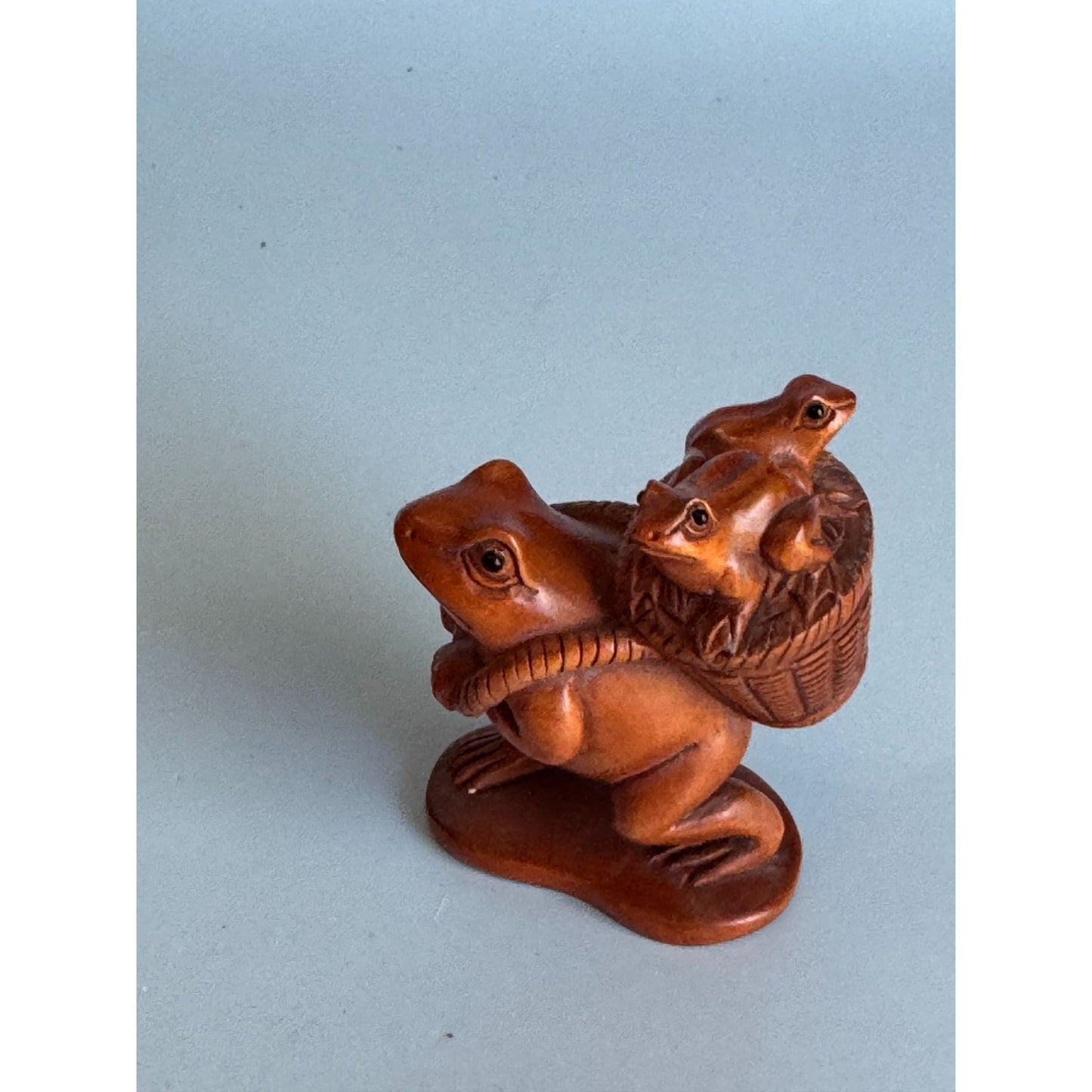 Hand-Carved Boxwood Netsuke Frog Figurine With Basket & Frog Family