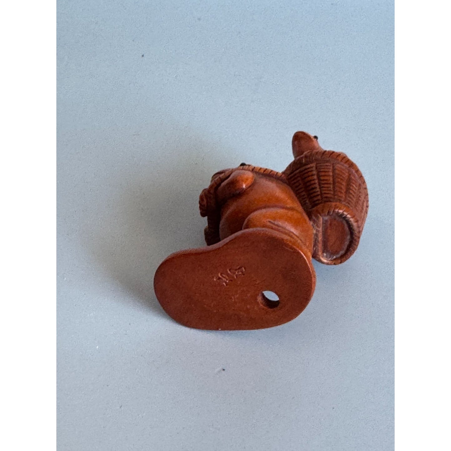 Hand-Carved Boxwood Netsuke Frog Figurine With Basket & Frog Family