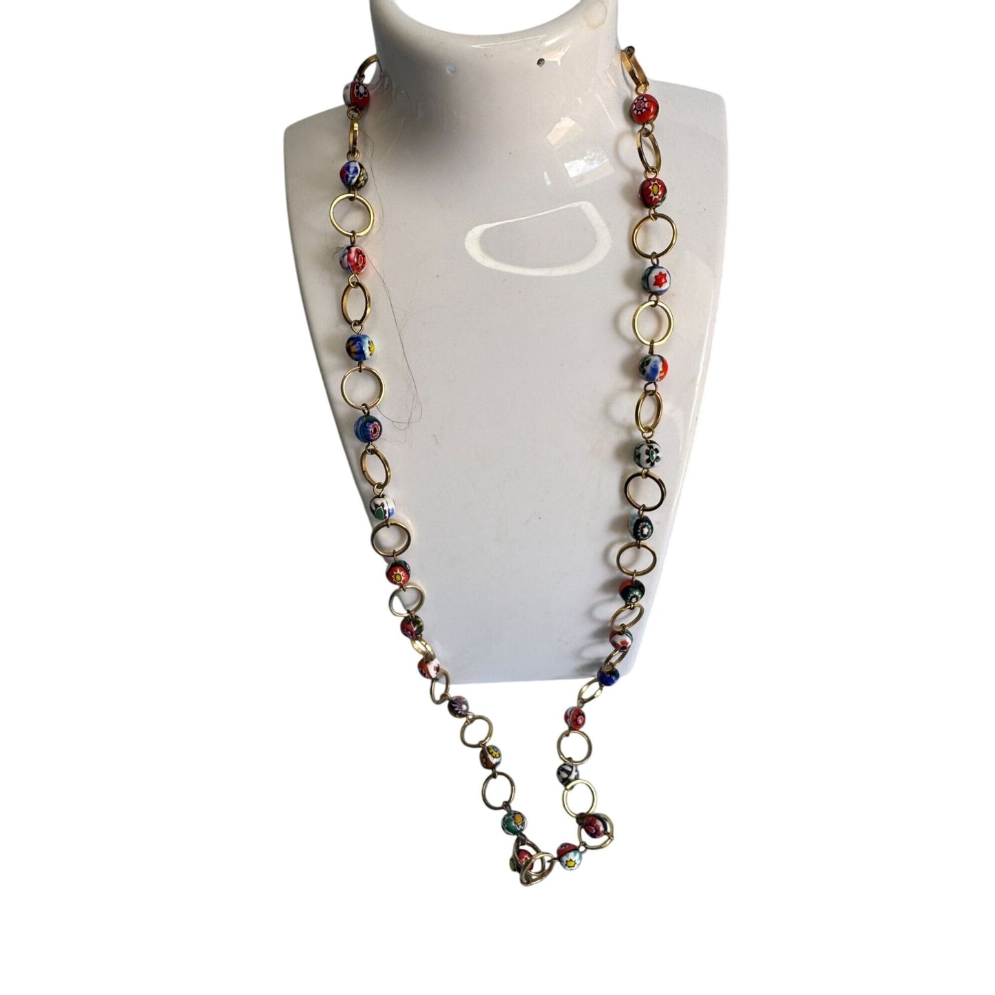 Murano Millefiori Glass Bead Necklace Goldtone Chain Handmade Italian Jewelry