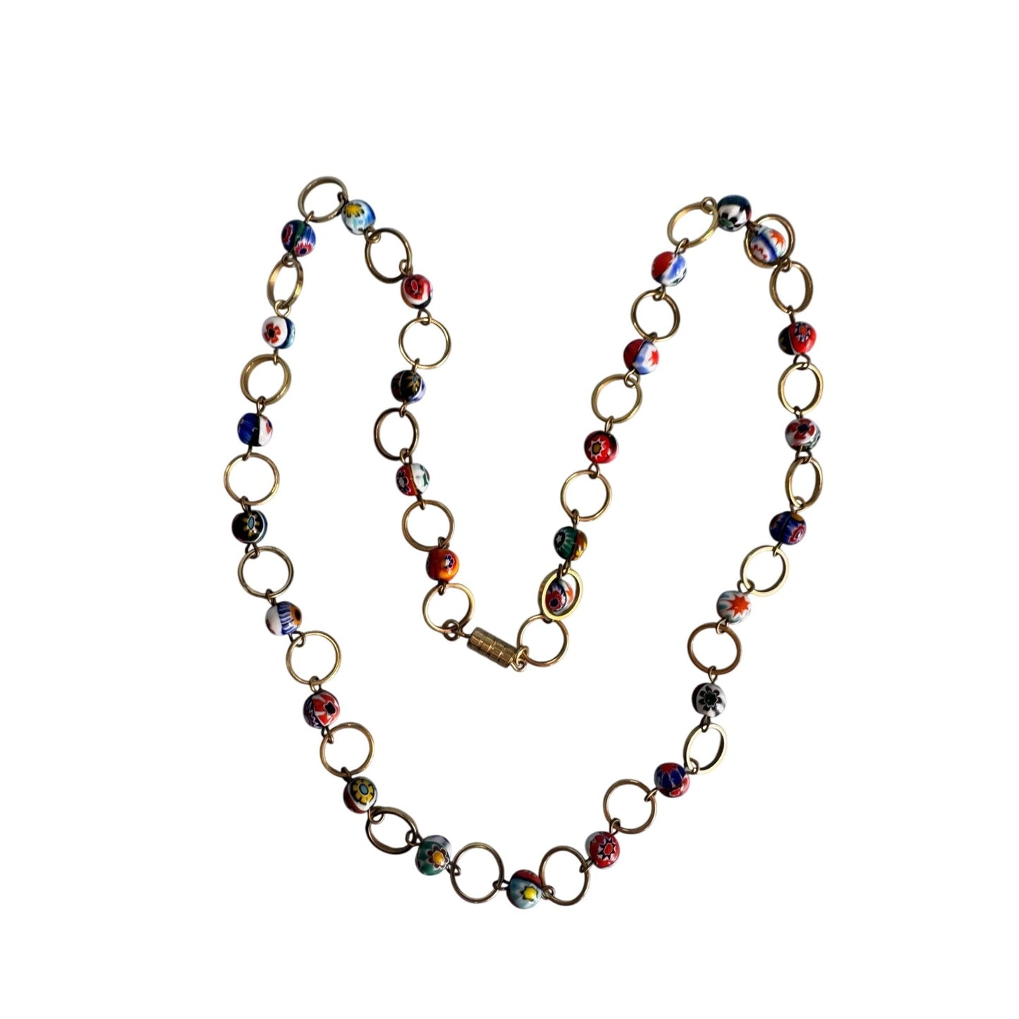 Murano Millefiori Glass Bead Necklace Goldtone Chain Handmade Italian Jewelry