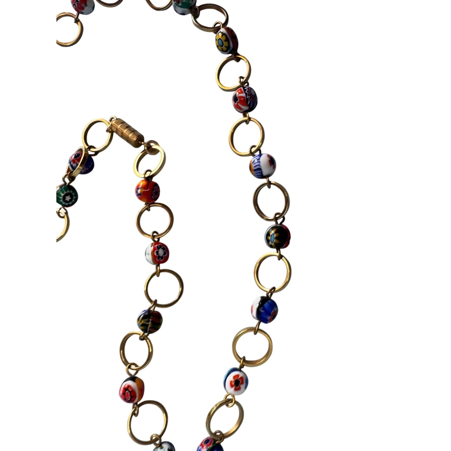Murano Millefiori Glass Bead Necklace Goldtone Chain Handmade Italian Jewelry