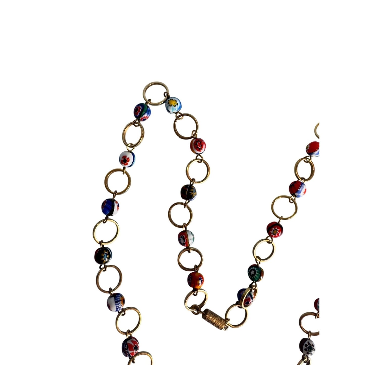 Murano Millefiori Glass Bead Necklace Goldtone Chain Handmade Italian Jewelry