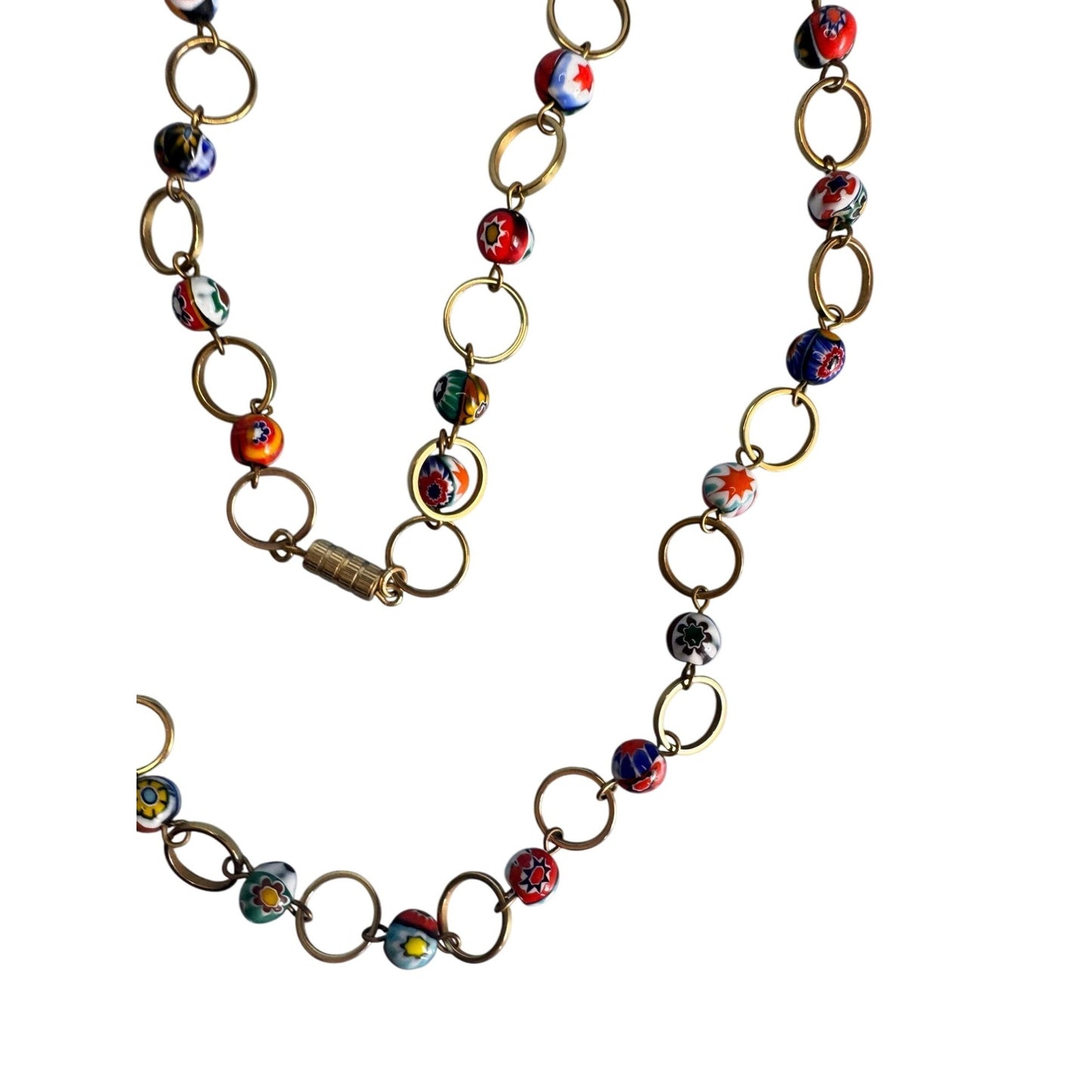 Murano Millefiori Glass Bead Necklace Goldtone Chain Handmade Italian Jewelry