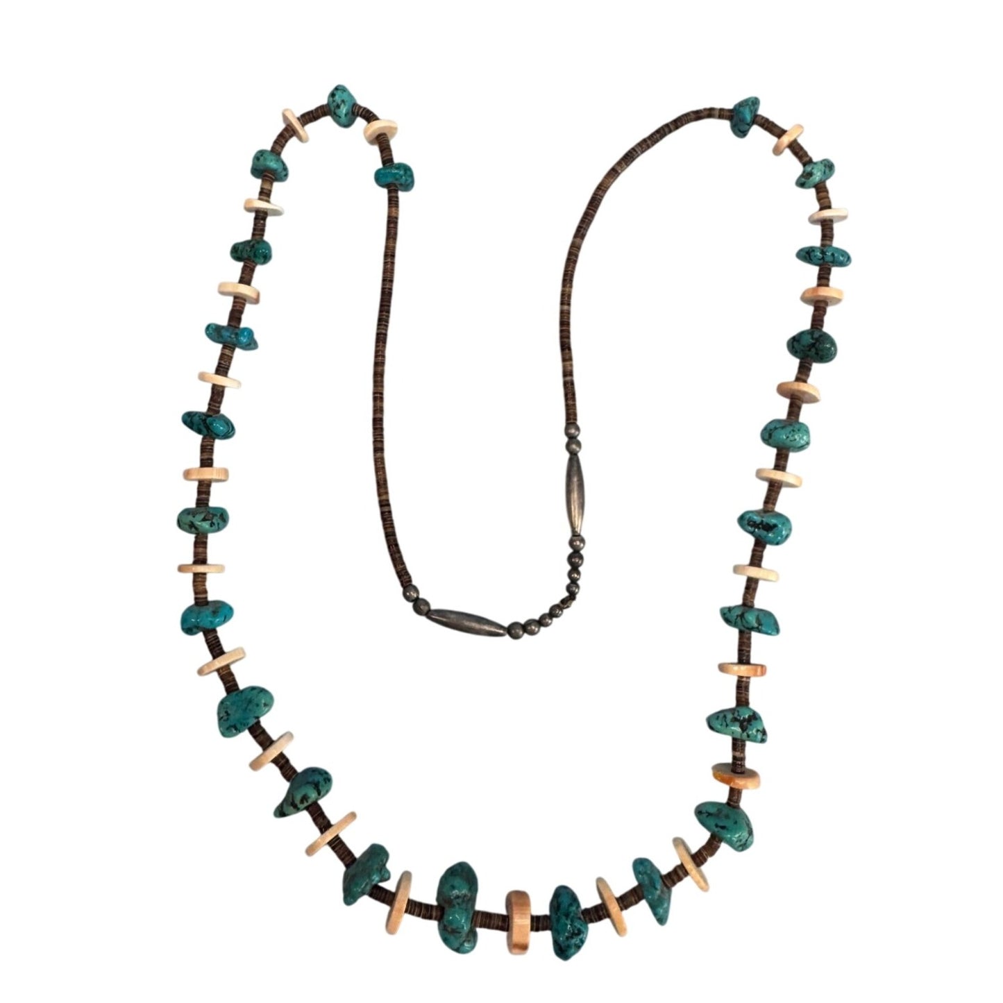 Vintage Southwestern Turquoise Nugget Shell Heishi Bead Necklace 30" Sterling