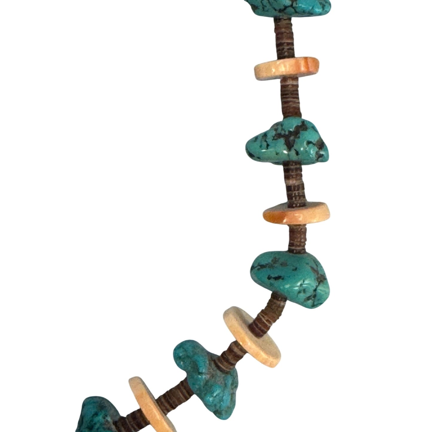 Vintage Southwestern Turquoise Nugget Shell Heishi Bead Necklace 30" Sterling
