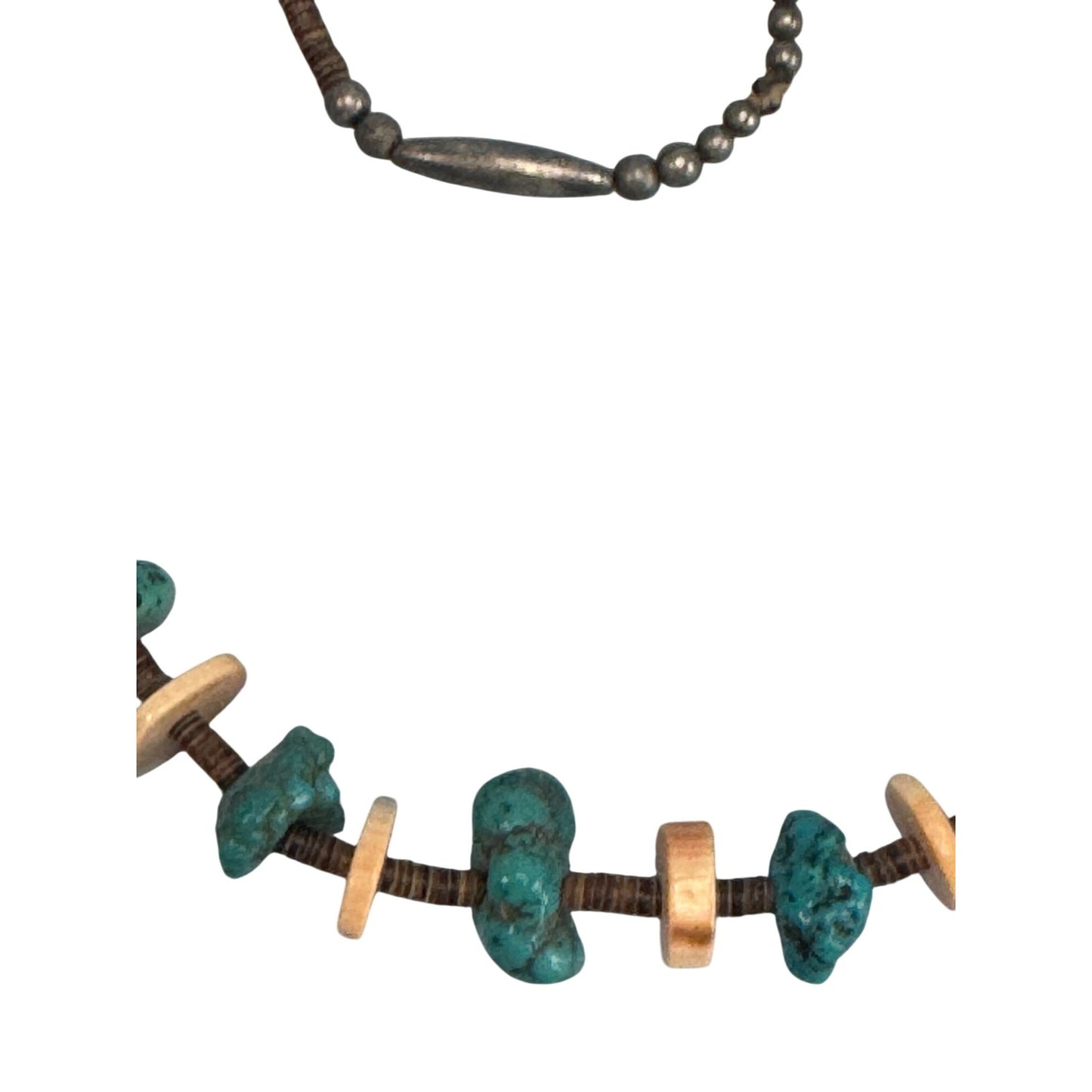 Vintage Southwestern Turquoise Nugget Shell Heishi Bead Necklace 30" Sterling