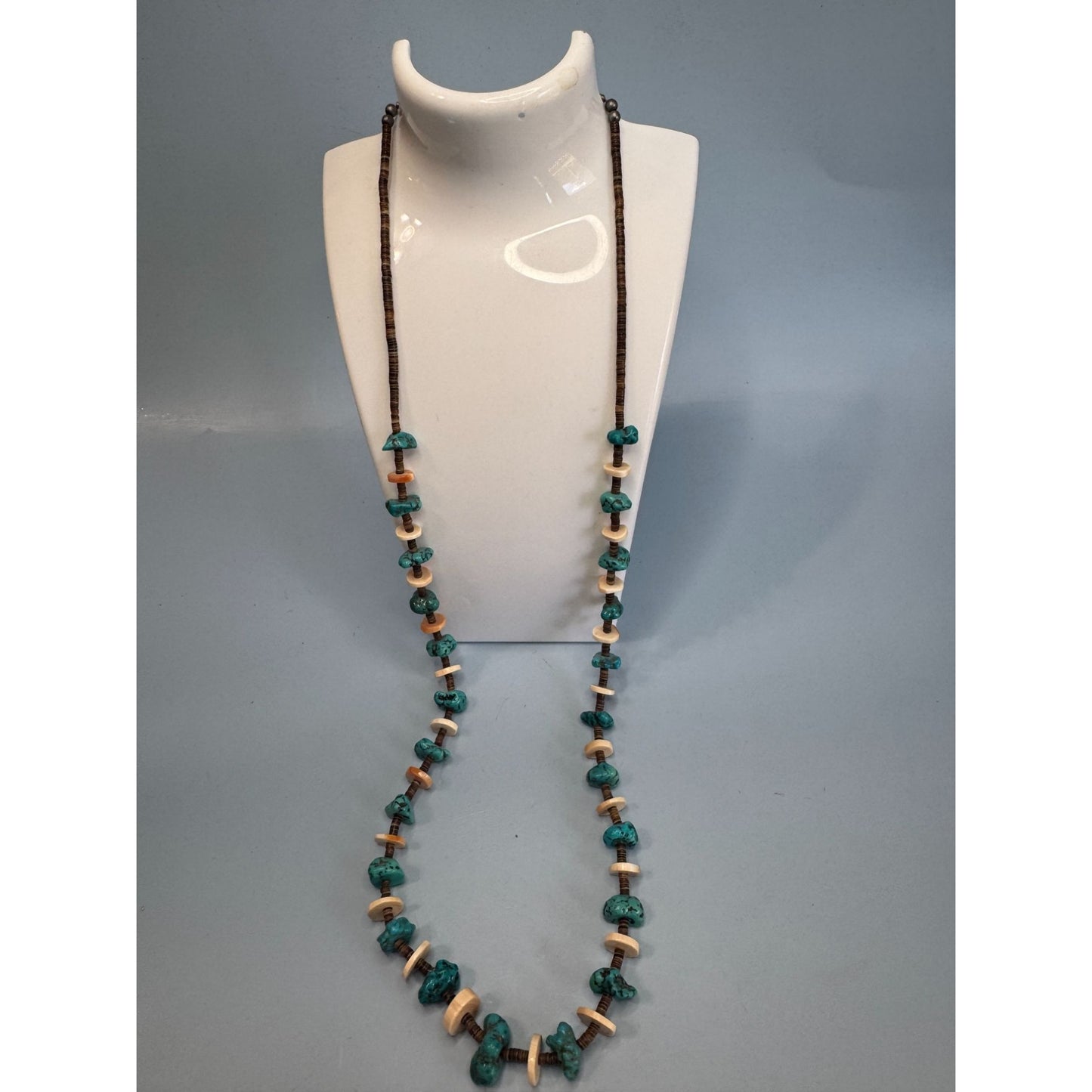 Vintage Southwestern Turquoise Nugget Shell Heishi Bead Necklace 30" Sterling