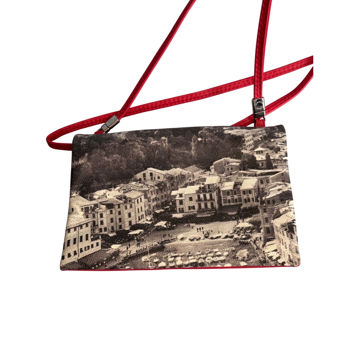 Renato Angi Portofino Italian Leather Crossbody Bag Red Scenic Print