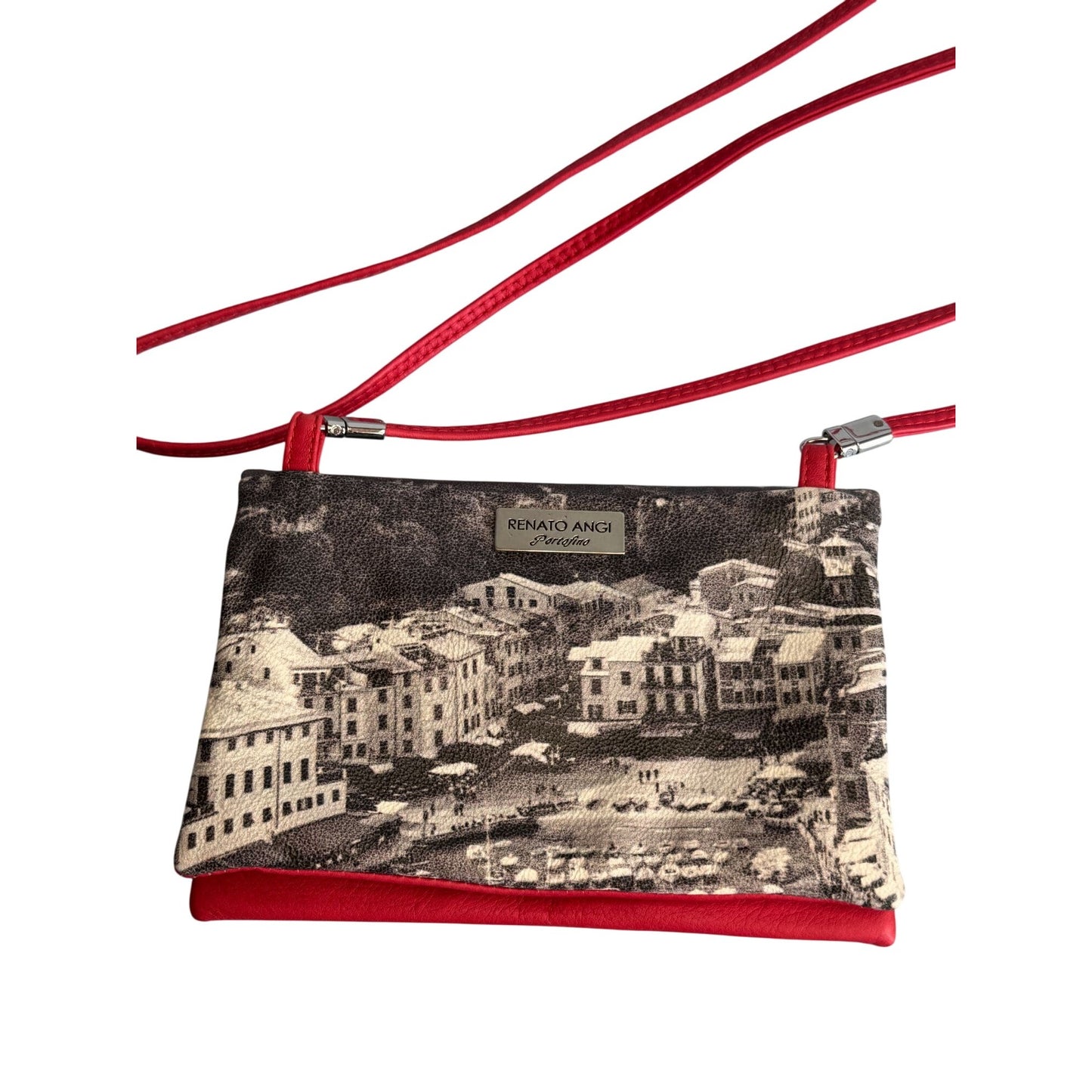 Renato Angi Portofino Italian Leather Crossbody Bag Red Scenic Print