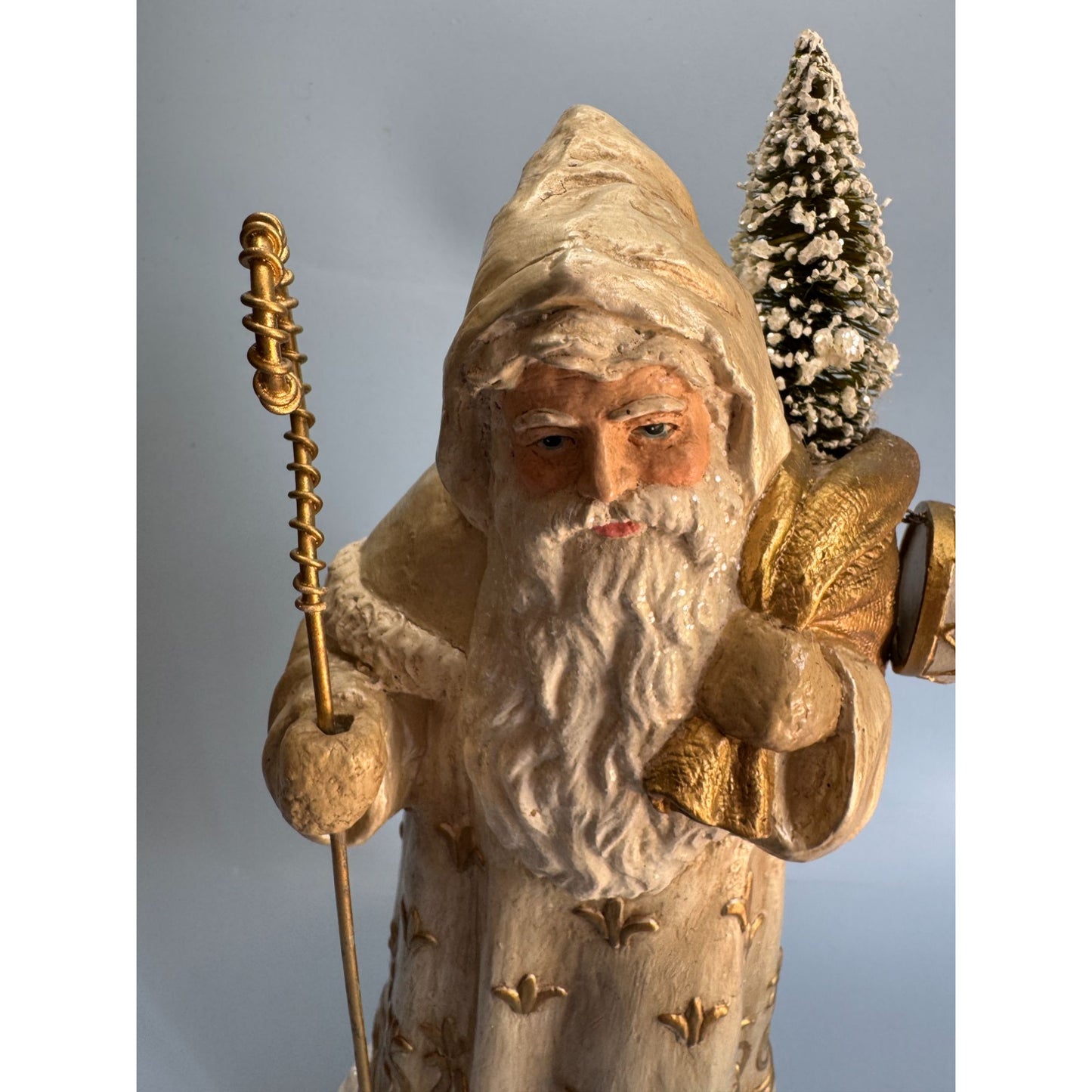Bethany Lowe Golden Santa Figurine With Bottle Brush Tree 13" TD7685