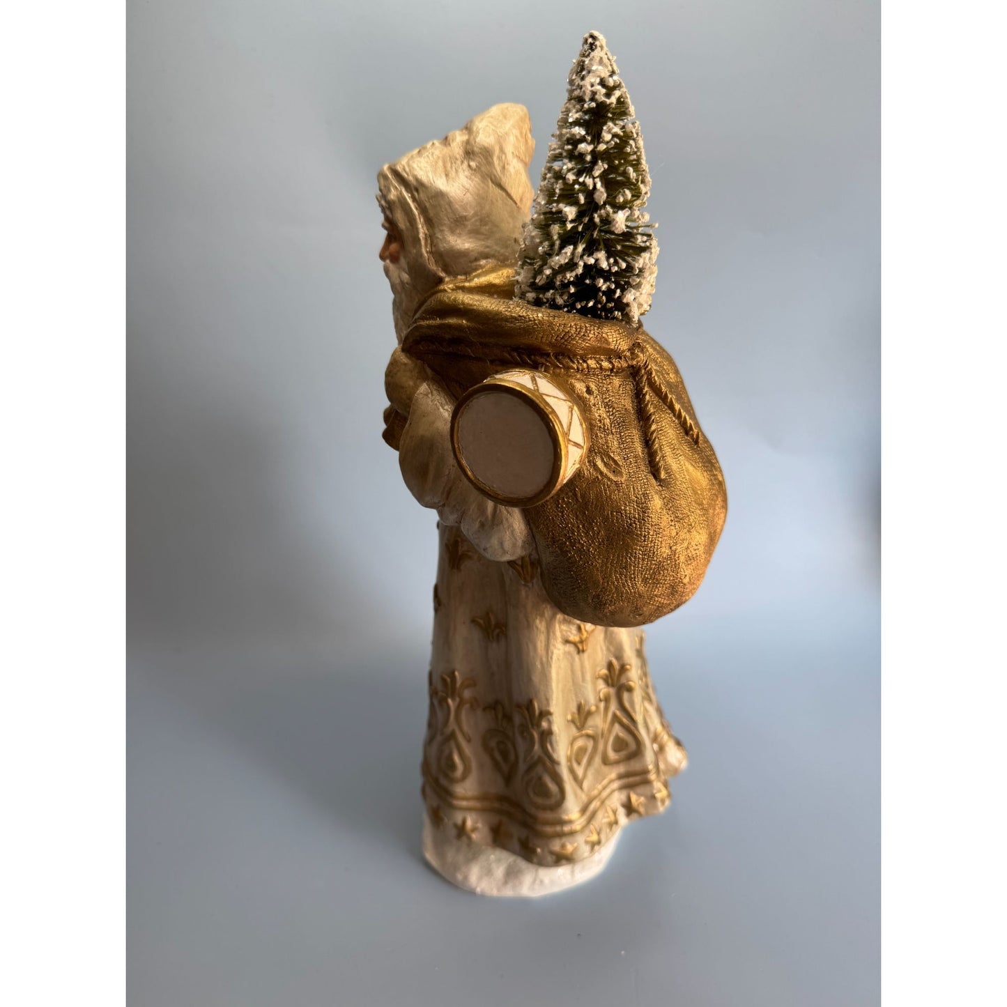 Bethany Lowe Golden Santa Figurine With Bottle Brush Tree 13" TD7685