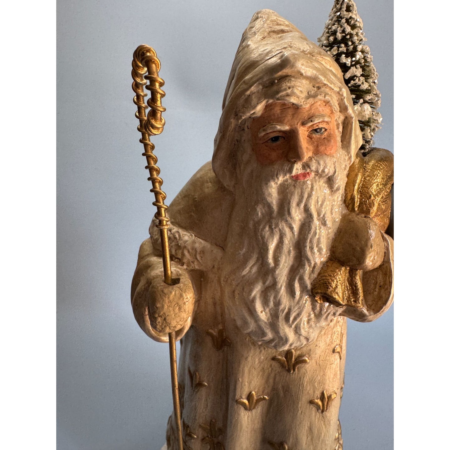 Bethany Lowe Golden Santa Figurine With Bottle Brush Tree 13" TD7685
