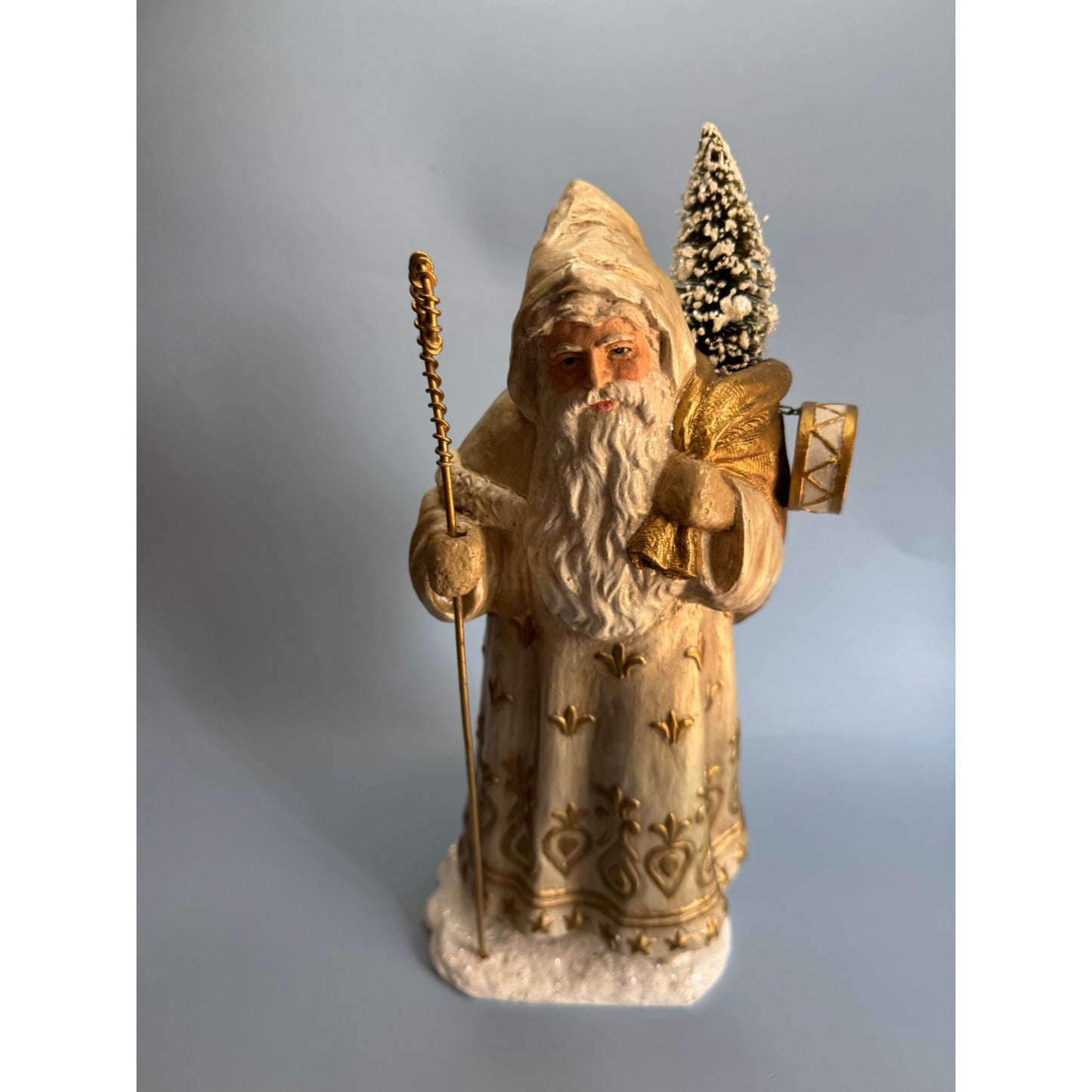 Bethany Lowe Golden Santa Figurine With Bottle Brush Tree 13" TD7685