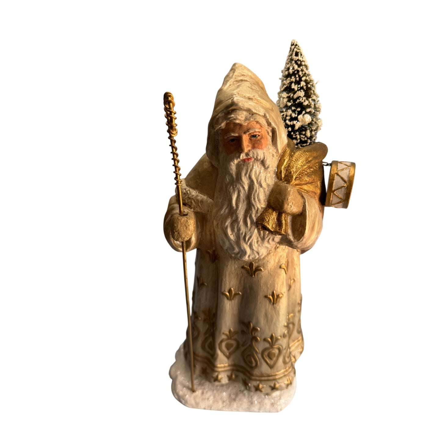 Bethany Lowe Golden Santa Figurine With Bottle Brush Tree 13" TD7685