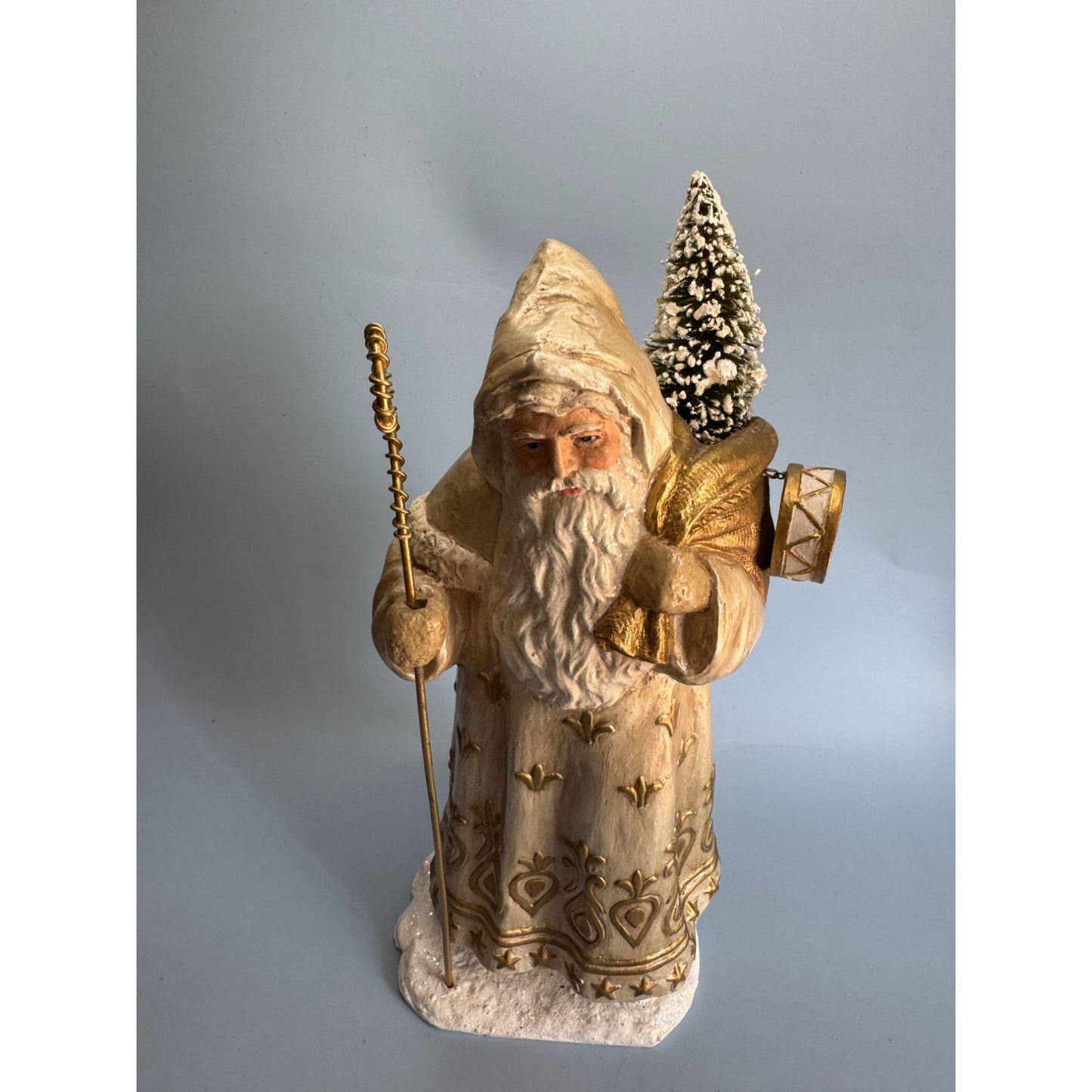 Bethany Lowe Golden Santa Figurine With Bottle Brush Tree 13" TD7685