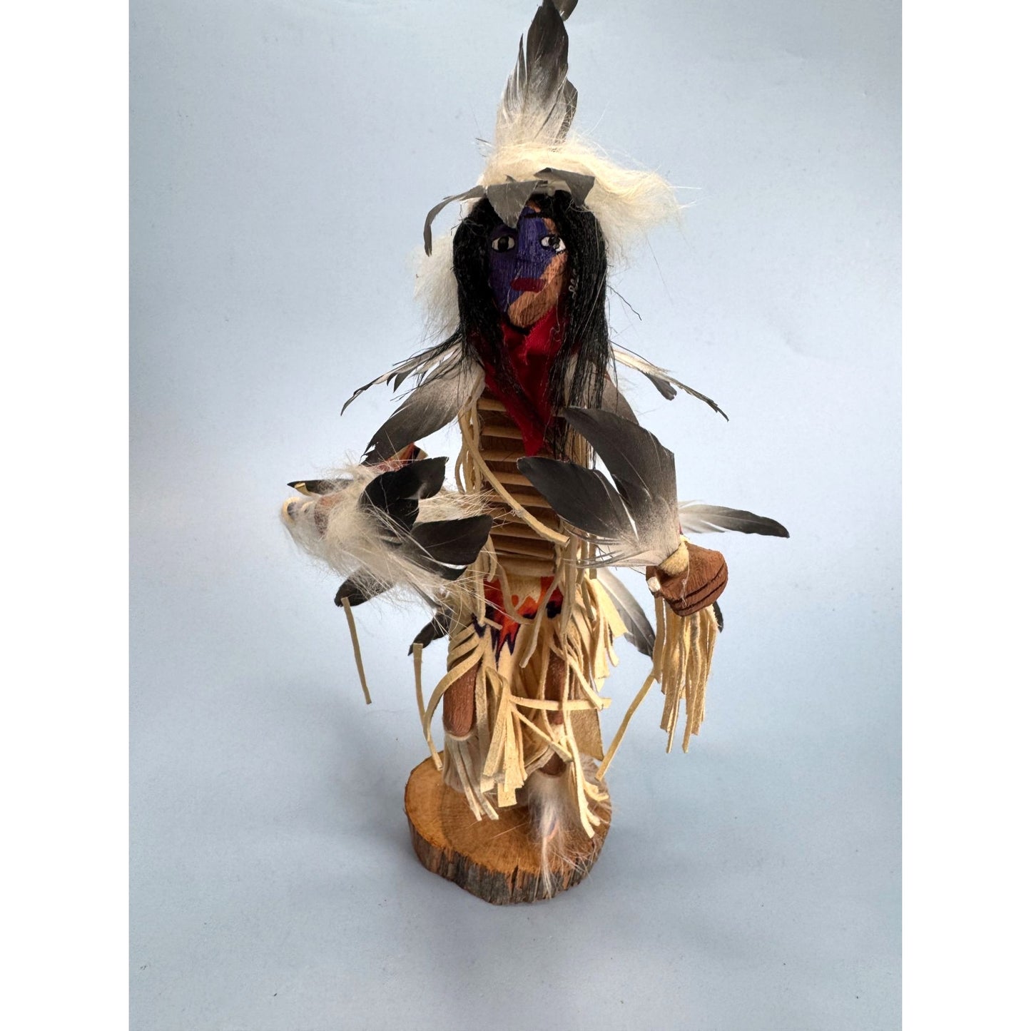 Traditional Tribal Dancer Kachina Doll With Feathers & Leather Details 9" Handcrafted & Signed By Kee