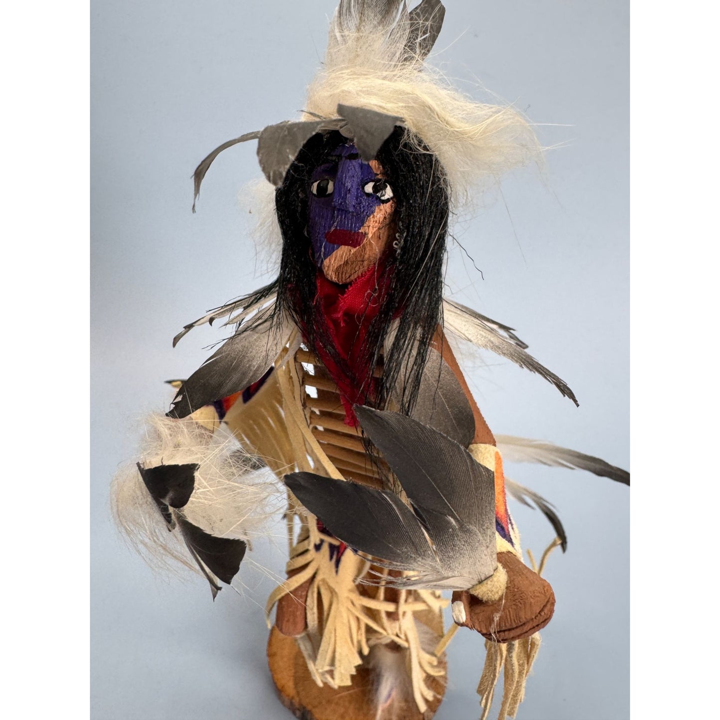 Traditional Tribal Dancer Kachina Doll With Feathers & Leather Details 9" Handcrafted & Signed By Kee