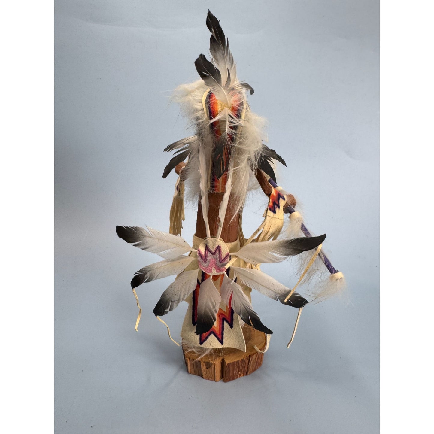 Traditional Tribal Dancer Kachina Doll With Feathers & Leather Details 9" Handcrafted & Signed By Kee