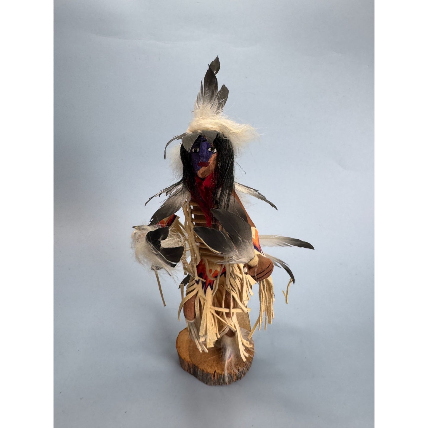 Traditional Tribal Dancer Kachina Doll With Feathers & Leather Details 9" Handcrafted & Signed By Kee