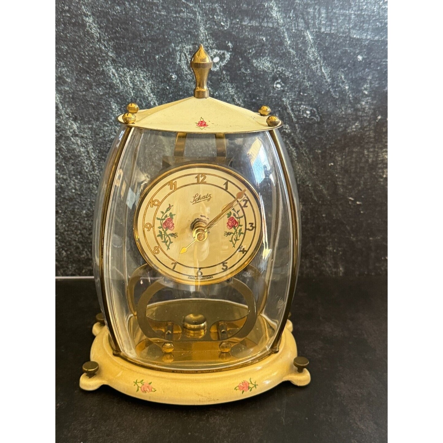 Vintage 1954 Schatz & Sohn 400 Day Anniversary Clock With Floral Dial & Dome Glass Runs