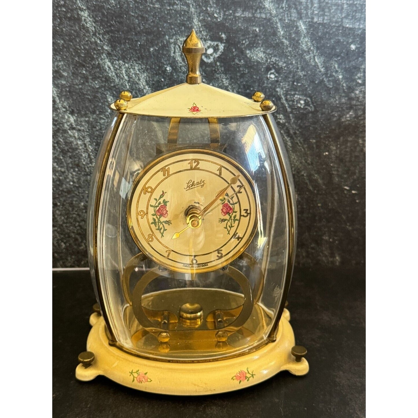 Vintage 1954 Schatz & Sohn 400 Day Anniversary Clock With Floral Dial & Dome Glass Runs