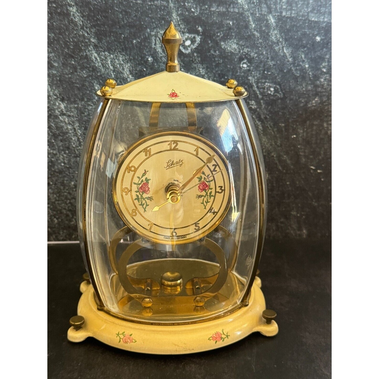 Vintage 1954 Schatz & Sohn 400 Day Anniversary Clock With Floral Dial & Dome Glass Runs