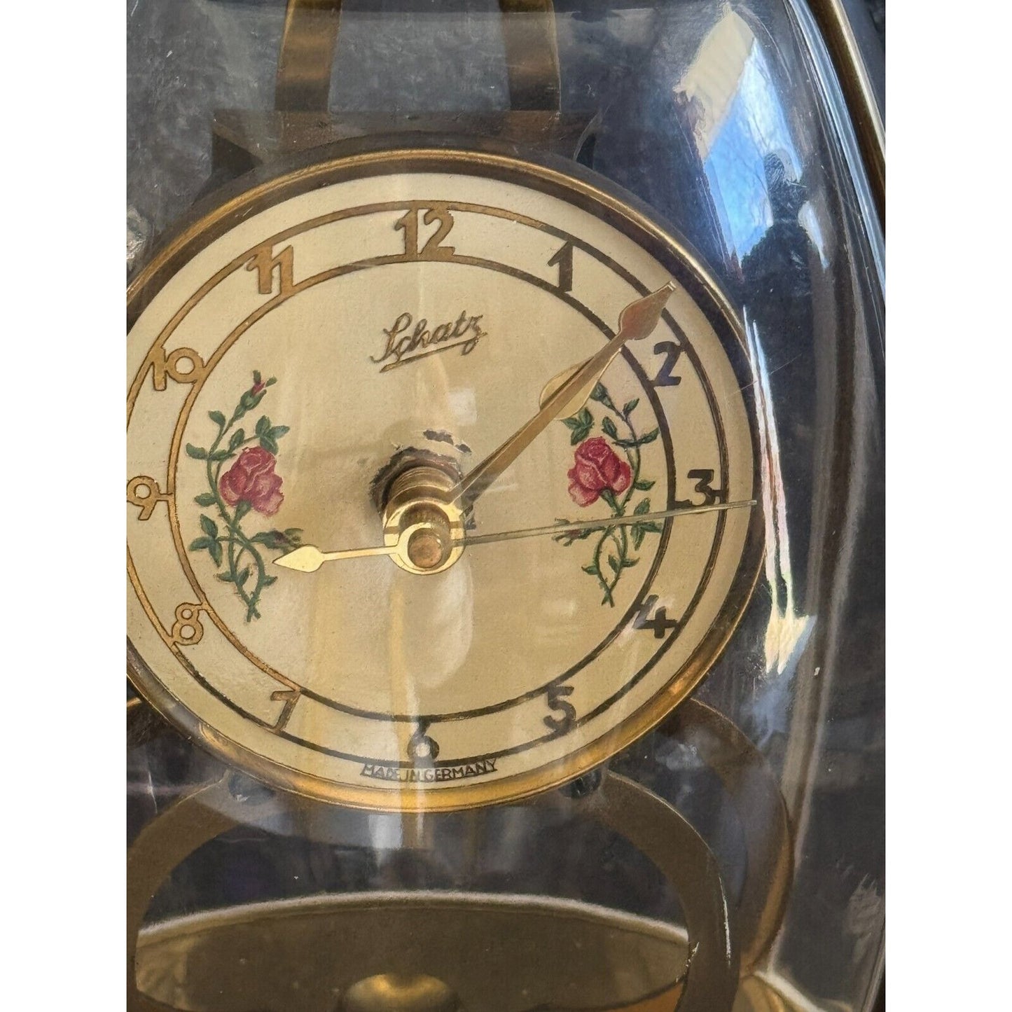 Vintage 1954 Schatz & Sohn 400 Day Anniversary Clock With Floral Dial & Dome Glass Runs