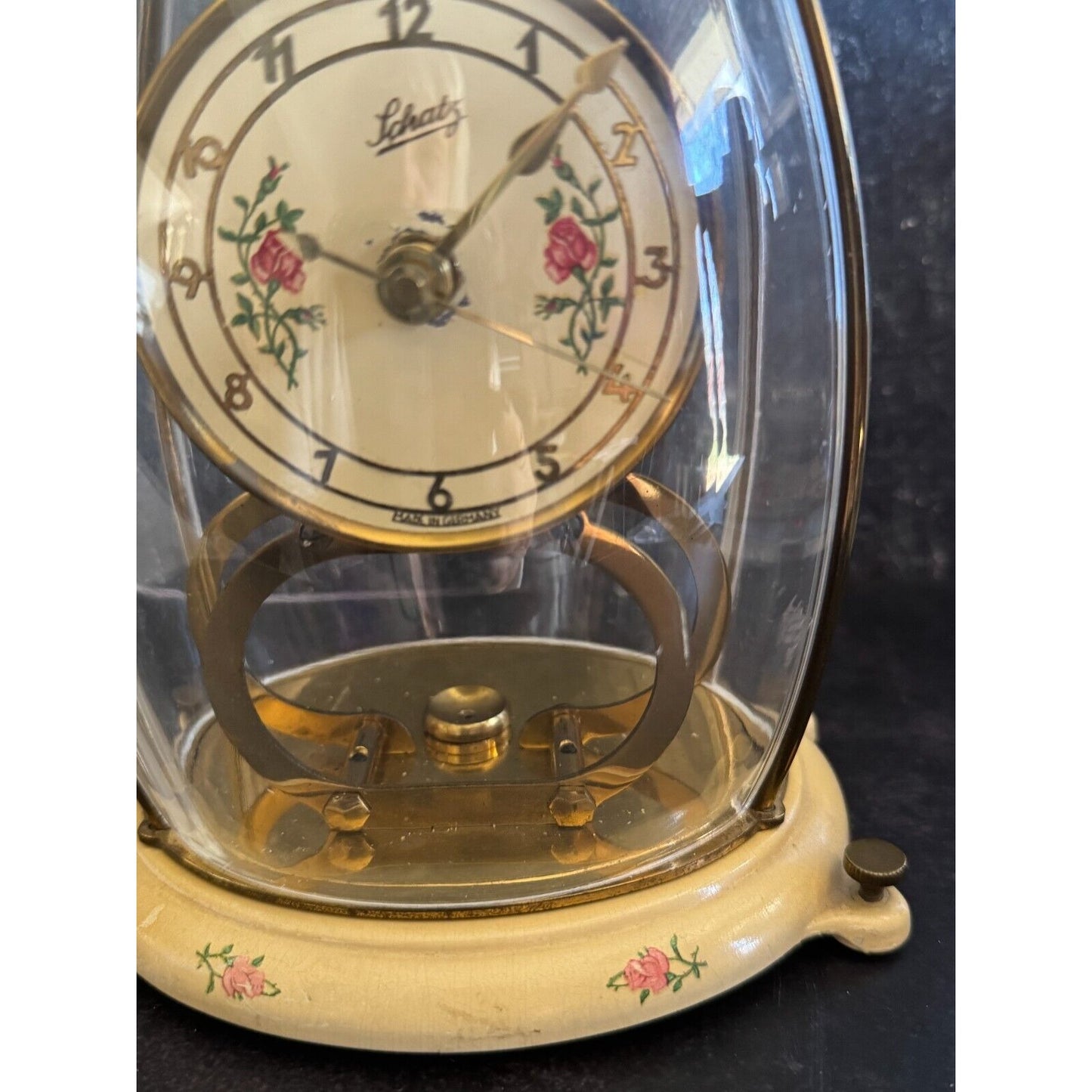 Vintage 1954 Schatz & Sohn 400 Day Anniversary Clock With Floral Dial & Dome Glass Runs