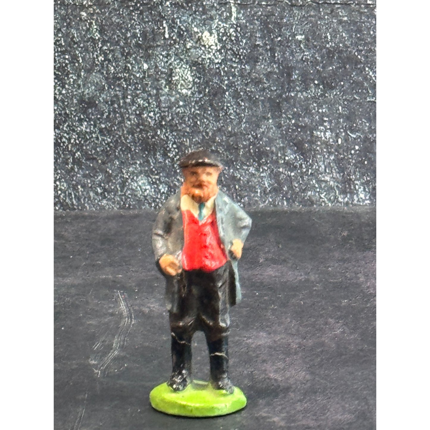 Vintage Hand-Painted Metal Miniature Man Figurine With Cap & Red Vest Germany