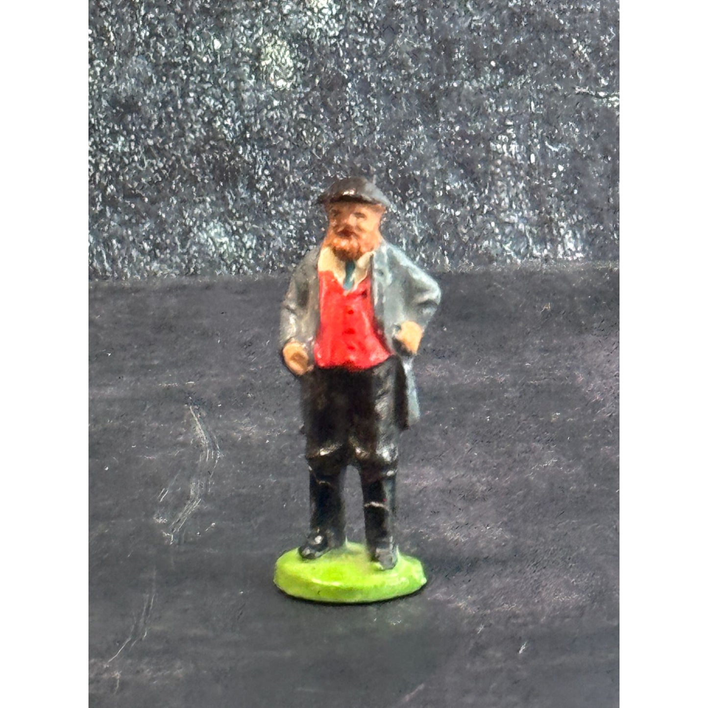 Vintage Hand-Painted Metal Miniature Man Figurine With Cap & Red Vest Germany